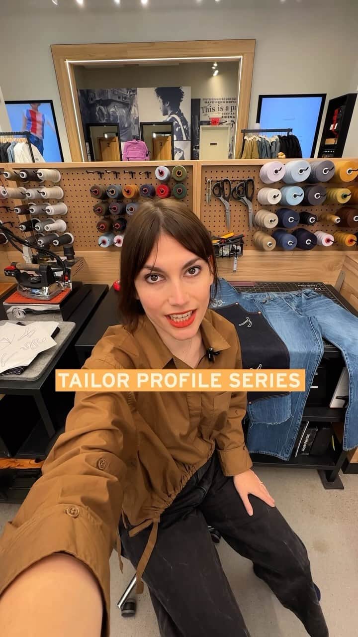 Levi’sのインスタグラム：「Meet Levi’s Tailor, Ani Brower. Growing up in the Midwest inspired Ani’s love for nature and workwear🌳 🐍 See how she extends the life of jeans by adding workwear inspired alterations. Schedule a consultation today with your local Tailor to create your own conversation piece. Head to stories or the link in bio to create your own custom piece. 🪡」