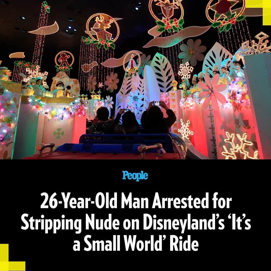 People Magazineのインスタグラム：「A man was arrested after stripping naked at Disneyland Sunday afternoon. A Disneyland Resort representative said that the man got off the attraction while it was in motion and park operators stopped the ride when they became aware of the situation.  Footage shared on social media shows the streaker fully nude in the water canals near the entrance to the ride walking around the ride’s sets and touching its animatronics, wearing only shorts, while “Jingle Bells” plays in the background.  Tap the link in bio for more details.   📷: Getty」