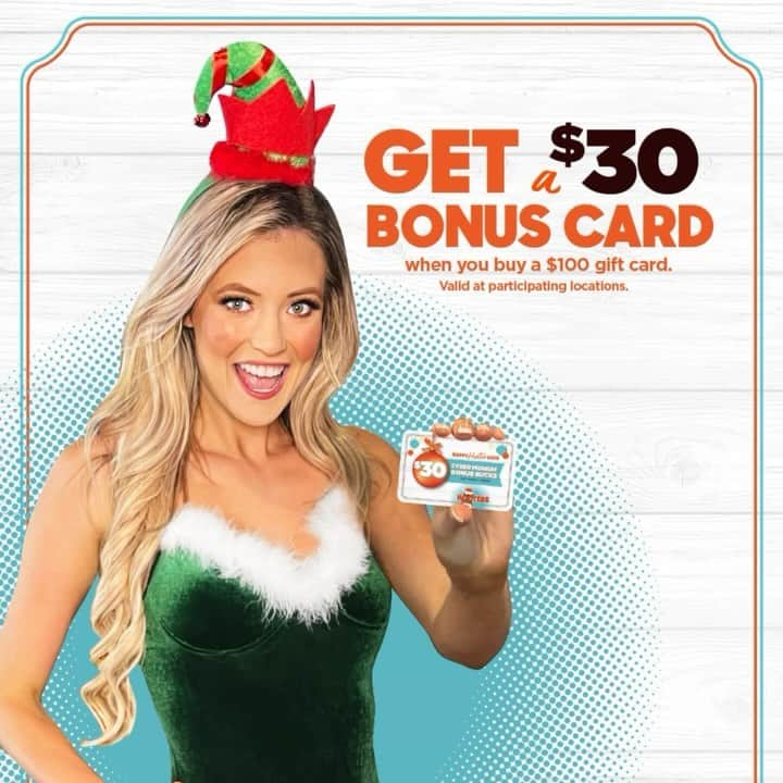 Hootersのインスタグラム：「It’s Cyber Monday and we’re bringing the heat with two great offers 🔥🍗 Get your wings fix for a year for just $299 (a $900 value!) at shop.hooters.com or buy $100 in gift cards and get a $30 bonus card at hooters.com/gift-cards.」