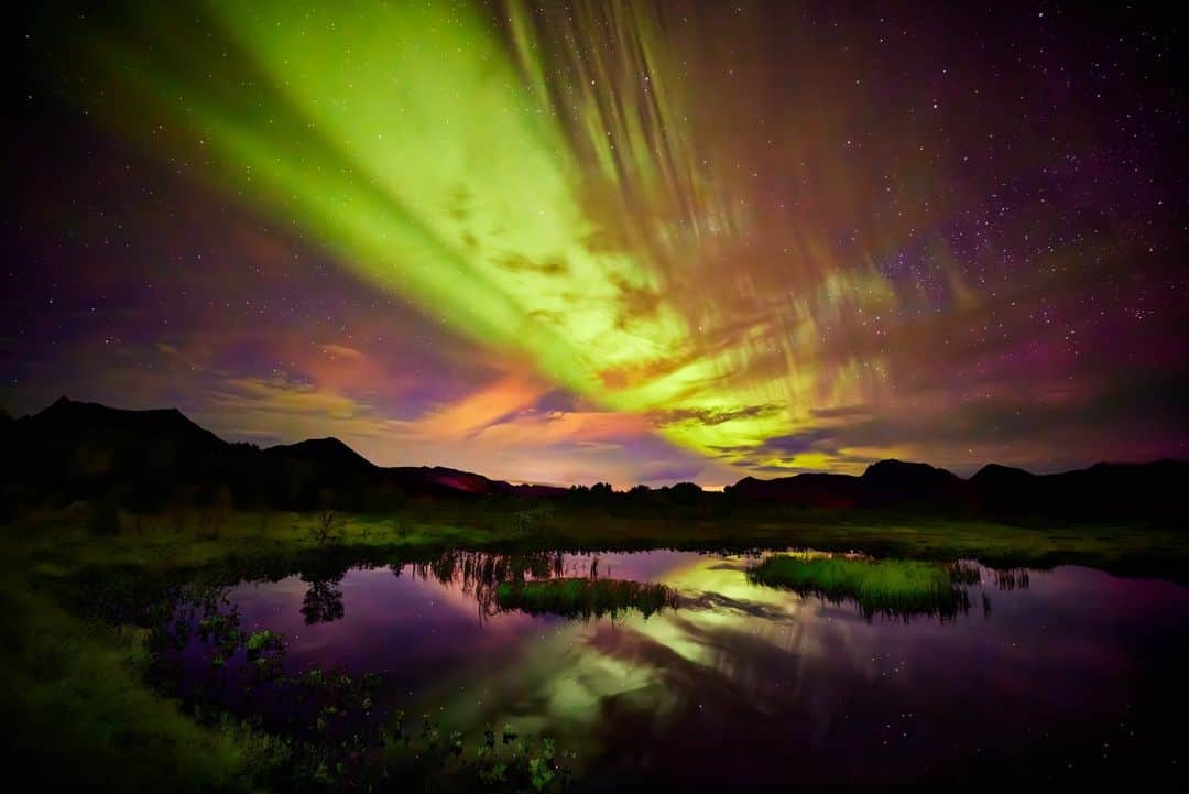 CANON USAのインスタグラム：「Stunning shot by #CanonExplorerOfLight @davidbergman: "The aurora borealis - otherwise known as the northern lights - is genuinely a sight to behold. I recently took a trip 100 miles north of the Arctic Circle to witness the atmospheric light show for the first time. A small pond in Norway’s Lofoten Islands provided the perfect, reflective landscape for me to photograph the famous lights dancing across the sky. A solid tripod, my trusty Canon EOS R5, the RF15-35mm F2.8 L IS USM lens, and a cable release were all I needed to capture this celestial wonder."  📸 #Canon EOS R5 Lens: RF15-35mm F2.8 L IS USM」