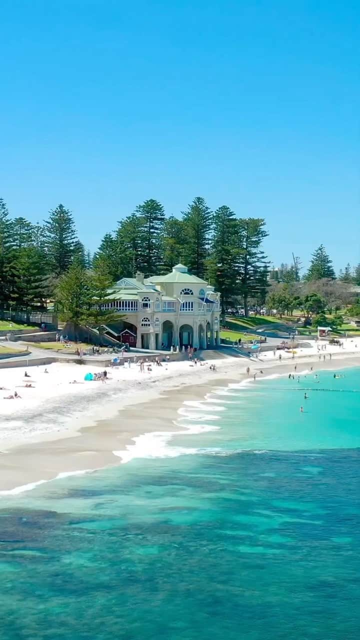 Australiaのインスタグラム：「Today, we’re getting our daily dose of vitamin sea at #CottesloeBeach 🩵 Captured here beautifully by @shotbylukewilliams, it’s pretty clear why this coastal gem is a haven for those seeking some salt, sand and sunshine. Just a stone’s throw from Boorloo (@destinationperth) in @westernaustralia, we recommend hanging around until sunset for one seriously breathtaking (and iconic) sky show. For a front-row seat, head to @indigooscar, @cottesloebarchetta, or @theblueduckcottesloe.   🎥: @shotbylukewilliams   📍: Cottesloe Beach, #Perth, #WesternAustralia - home to the Whadjuk Noongar people. #ComeAndSayGday #SeeAustralia #WATheDreamState #SeePerth   ID: footage is captured from above, revealing a sandy shoreline where sunbathers relax on the beach and swimmers enjoy the clear blue waters. Gentle waves roll onto the shore, while a beachfront structure stands near the water’s edge, surrounded by towering pine trees.」