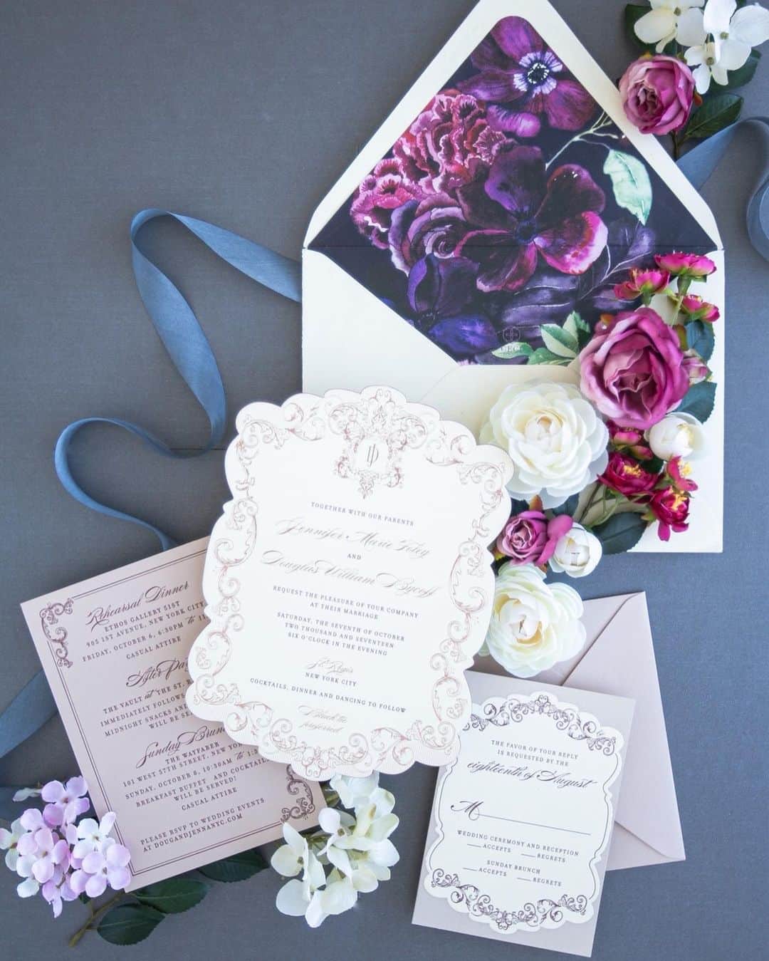 Ceci Johnsonさんのインスタグラム写真 - (Ceci JohnsonInstagram)「Feeling invited to the cold season, we find ourselves reminiscing about Jenna and Doug’s wedding. Planned and designed by @jesgordon, this celebration inspired our creation - an invitation that mirrors the reception’s enchanting flora, featuring hand-painted watercolors adorned with intricate copper foil details. This invitation turned into our Violet Celine collection that’s ready to order now, a synthesis of romance and sophistication sets the tone for your unforgettable affair.  #CeciCouture ⠀⠀⠀⠀⠀⠀⠀⠀⠀ CREATIVE PARTNERS: Stationery: @cecinewyork Planner and Event Designer: @jesgordon ⠀⠀⠀⠀⠀⠀⠀⠀⠀ #cecinewyork #ceciwedding #elegantinvitations  #floral #watercolor #luxurystationery #weddinginspiration #purplefloralmagic  #weddingstationery」11月28日 4時24分 - cecinewyork