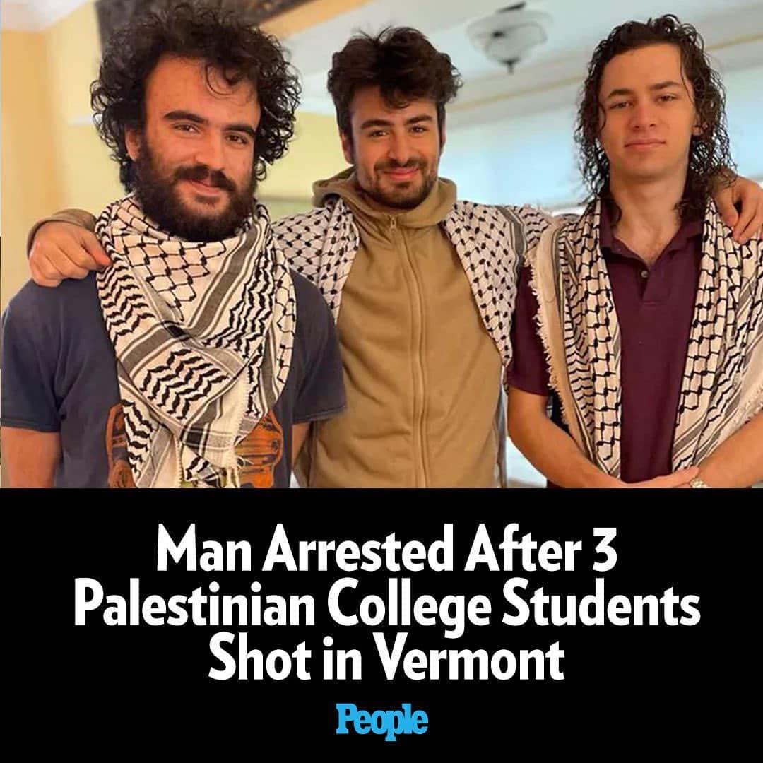 People Magazineのインスタグラム：「Two of the three men, who are all age 20, were wearing black and white Palestinian scarves known as keffiyehs, when a gunman confronted them “without speaking” and fired at least four shots at the group before fleeing on foot.  Chittenden County State Attorney Sarah George said that Jason J. Eaton has been charged with three counts of attempted murder, saying "there was no question this was a hateful act."  Tap the link in bio for more details.  📷: HANDOUT/Institute for Middle East Unders/AFP via Getty Images」