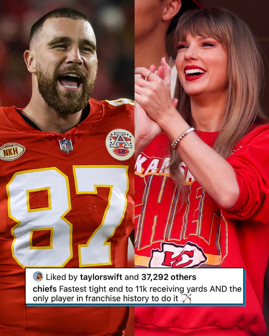 E! Onlineのインスタグラム：「Travis Kelce is the king of Taylor Swift's heart—and the football field. 😍 Link in bio for more on her subtle support of his record-breaking milestone. (📷: Getty)」
