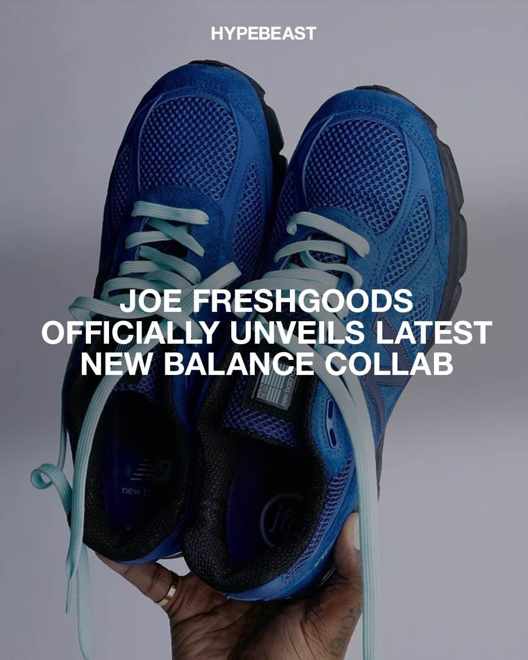 HYPEBEASTのインスタグラム：「@joefreshgoods has officially unveiled his next @newbalance project arriving in the form of three 990v4s inspired by Hype Williams' film "Belly."⁠ ⁠ The three sneakers in the pack are appropriately named "OUTRO" (Black), "INTRO" (White), and "KEISHA BLUE" [aying homage to the 1998 film. Other details include the year hit found at the heel paired with "JFG" branding on the lateral side. ⁠ ⁠ The last slide showcases campaign imagery inspired by an 'XXL' cover from June 1999 which featured Jay Z, DMX, and Ja Rule. The sneakers will be accompanied by apparel to bring together the overall collection.⁠ Photo: Joe Freshgoods」