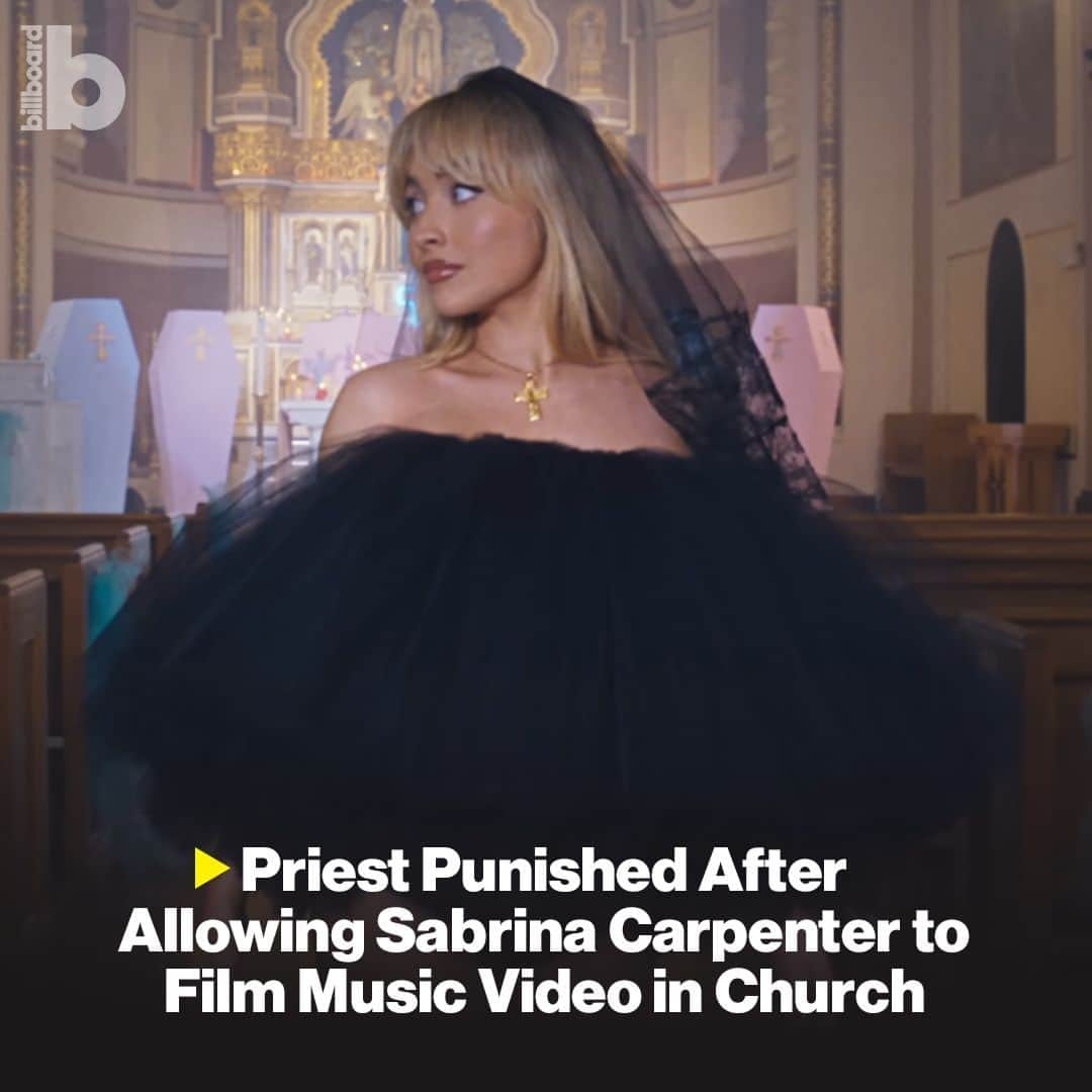 Billboardのインスタグラム：「A Catholic priest has been relieved of his administrative duties after allowing Sabrina Carpenter to film her “Feather” music video in a church.⁠ ⁠ The last scene of the music video includes Carpenter dancing around Our Lady of Mount Carmel-Annunciation Parish in Williamsburg, Brooklyn while wearing a short black tulle dress and veil — posing with religious items at the alter including a coffin that reads “RIP B—.”⁠ ⁠ The priest’s apology + Carpenter’s “Feather” music video is at the link in bio.」