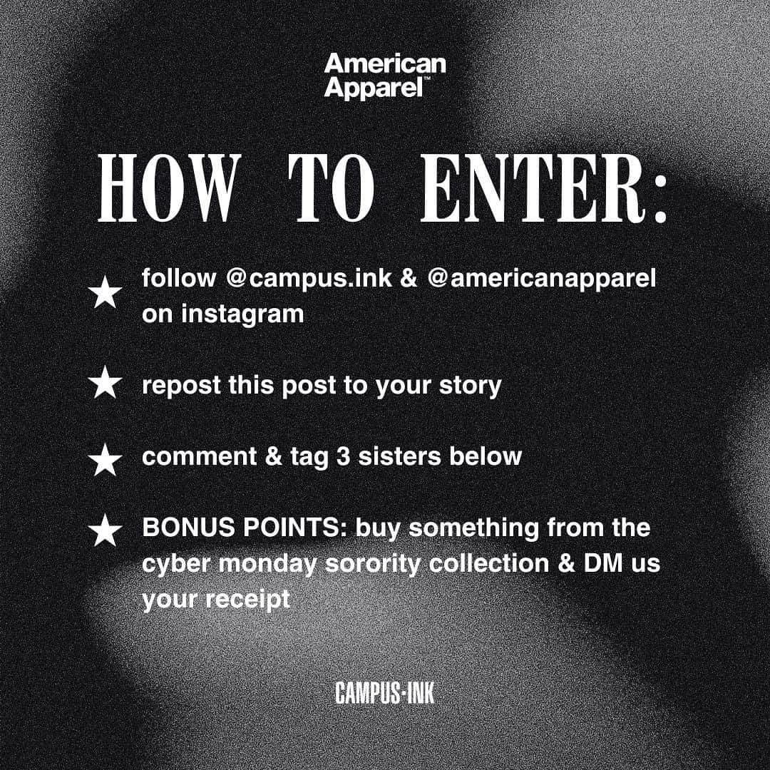American Apparelさんのインスタグラム写真 - (American ApparelInstagram)「We're teaming up with @americanapparel to gift one lucky chapter with Heavyweight Tees! In honor of 30% off “The Sorority Collection,” we want ONE lucky chapter to win custom American Apparel shirts for every member! 🤩🖤🪩  You know the drill: - Follow @americanapparel + @campus.ink  - Share this post on your story and tag Campus Ink and American Apparel - Tag 3 besties who NEED this collection  Tomorrow, Tuesday, November 28th at 4 PM, we'll announce the winning chapter. You'll know it's us because it'll be from THIS account. We would never create a spam account to reach out to you, so please don't interact with any fake accounts pretending to be us. 👀  Best of luck!! and check out The Cyber Monday deals for The Sorority Collection deals that end TONIGHT!! LINK IN BIO TO SHOP! 👏  #Giveaway #sorority #americanapparel #campusink #shopnow #cybermonday」11月28日 6時53分 - americanapparel