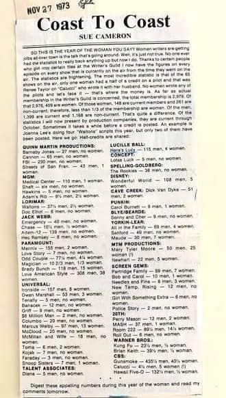 シャロン・ローレンスのインスタグラム：「50 years ago today, this article by #SueCameron was the beginning of @WomenInFilm .  Zoom in to those stats.👀 Thanks to the founders, Sue Cameron and Tichie Wilkerson, things are changing for the better for #womeninfilm .」