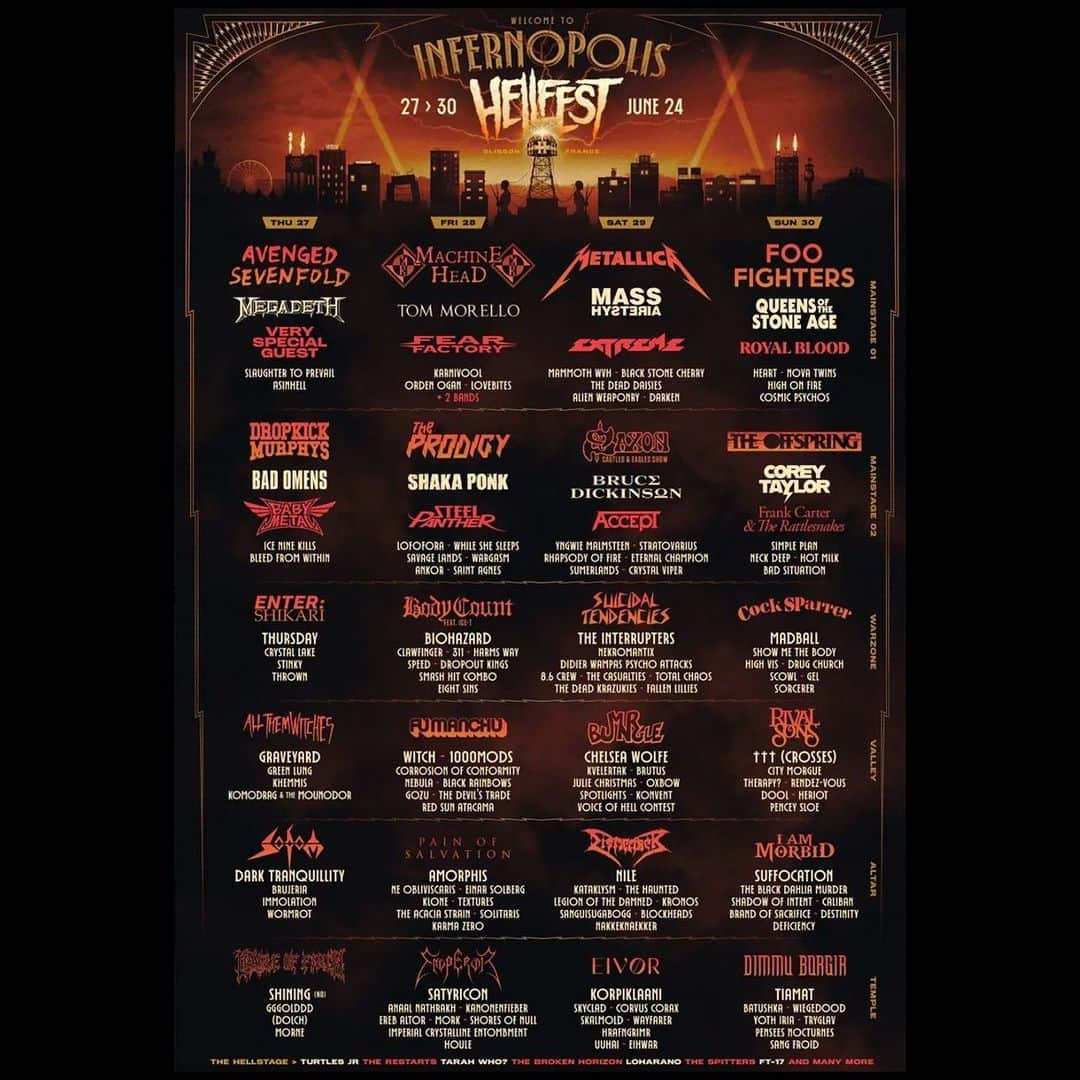 METAL HAMMERさんのインスタグラム写真 - (METAL HAMMERInstagram)「Hellfest has announced its 2024 lineup, and it isn’t messing around! 🤯 What do you think of this lineup?   #hellfest #hellfestopenair #hellfest2024 #metallica #avengedsevenfold #machinehead #megadeth #foofighters #theprodigy #metal #festival #metalfestival #metalhammer」11月28日 19時58分 - metalhammeruk