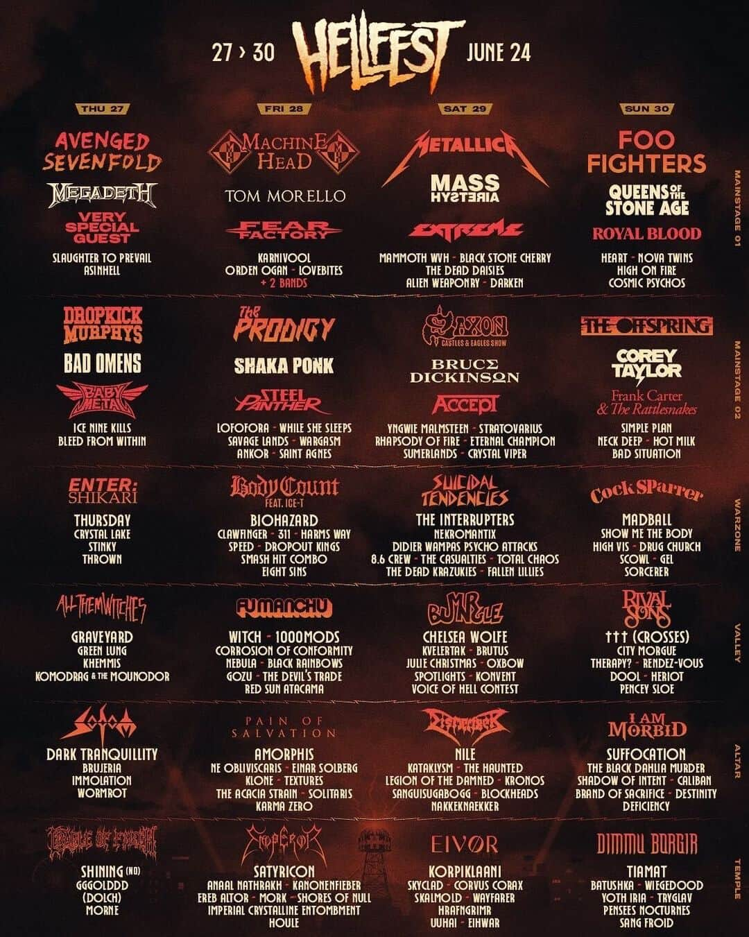 Rock Soundさんのインスタグラム写真 - (Rock SoundInstagram)「Hellfest have unveiled the full lineup for their 2024 event including headlining sets from Avenged Sevenfold, Machine Head, Metallica and Foo Fighters  Queens Of The Stone Age, The Offspring, The Prodigy, Bad Omens, Enter Shikari, Corey Taylor and Tom Morello are among the many other names confirmed for the event which will take place on June 27-30 in Clisson, France  #hellfest #festival #rock #metal #alternative」11月28日 18時28分 - rocksound