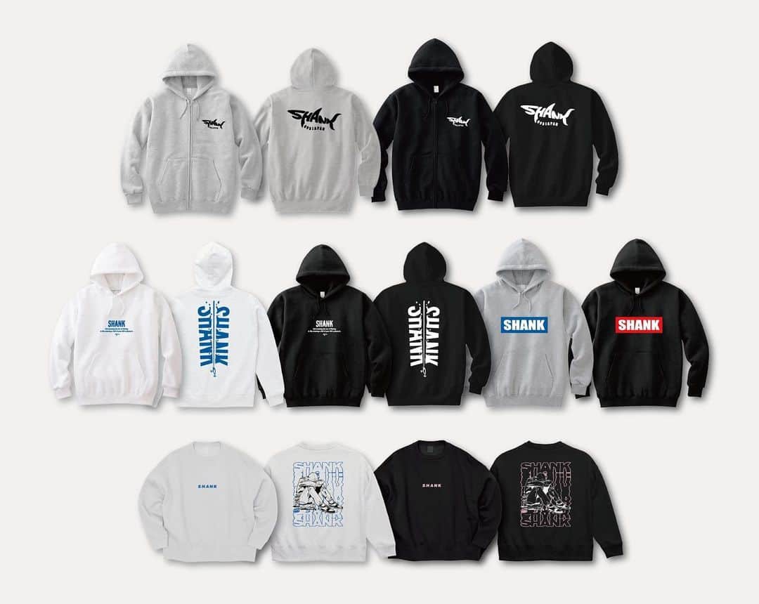 SHANKのインスタグラム：「【GOODS】  定番パーカーとスウェットを公式通販で販売！  SHARK ジップパーカー（裏起毛） SPLASH プルオーバーパーカー（裏起毛） BOXロゴ プルオーバーパーカー（裏パイル） TOO DRUNK オーバーサイズスウェット（裏パイル）  ■11/29(水)20時 販売開始 https://baitfish-workshop.net  ※12月上旬発送  #SHANK #SHANK095 #SHANK095JPN」