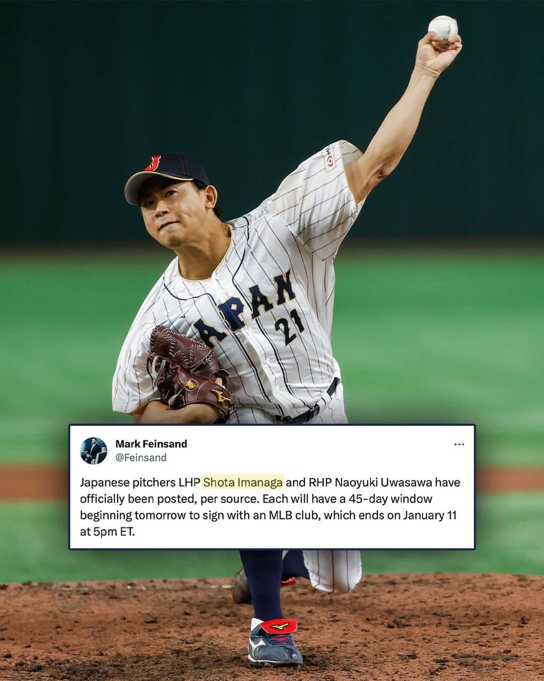 MLBのインスタグラム：「Teams can officially start their pursuit for Shōta Imanaga and Naoyuki Uwasawa Tuesday morning. 🇯🇵  Where will they land?」