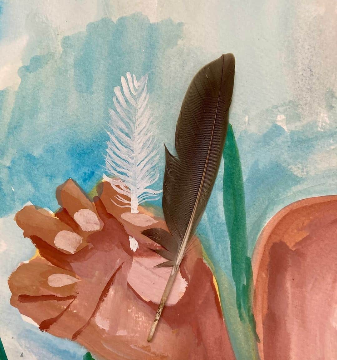 ザッキーシャリフのインスタグラム：「“Hope Feather” Gouache on paper and real feathers - (Part of a larger painting) Nov 2023」