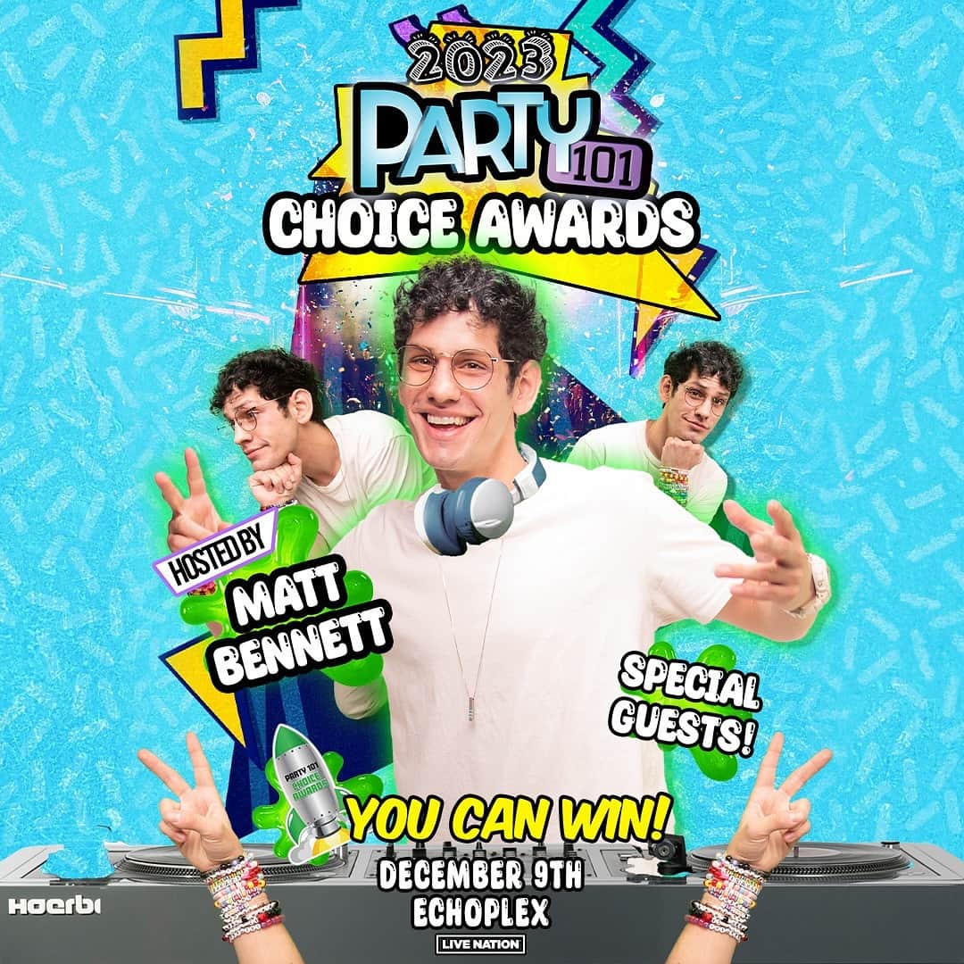 マット・ベネットのインスタグラム：「The Party 101 Choice Awards are getting even WILDER moving from a Friday to a Saturday night! We’ll be having the awards December 9th at the Echoplex!  I saw Green Day AND The Rolling Stones play here so you know it will be extra special.  All tickets will be honored.  See you there!」