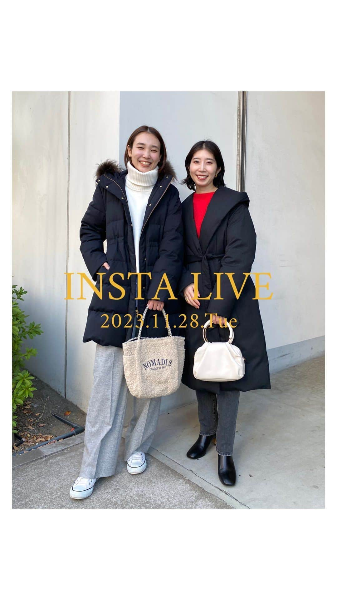 23区のインスタグラム：「『冬アウター』とコメントいただくと、本日ご紹介したアイテムがDMに届きます♪  LIVEストーリー📝  1着目、スタッフ秋葉(169cm) ・ウールカシミヤビーバーノーカラーコート  2着目、スタッフ板垣(158cm) ・ウールカシミヤビーバーチェスターコート  3着目、秋葉 ・リュクスダウン(フード付き)  4着目、板垣 ・リュクスダウンガウンコート  5着目 ・LIMONTA ダウン  是非アーカイブもご覧ください☺️🧶」