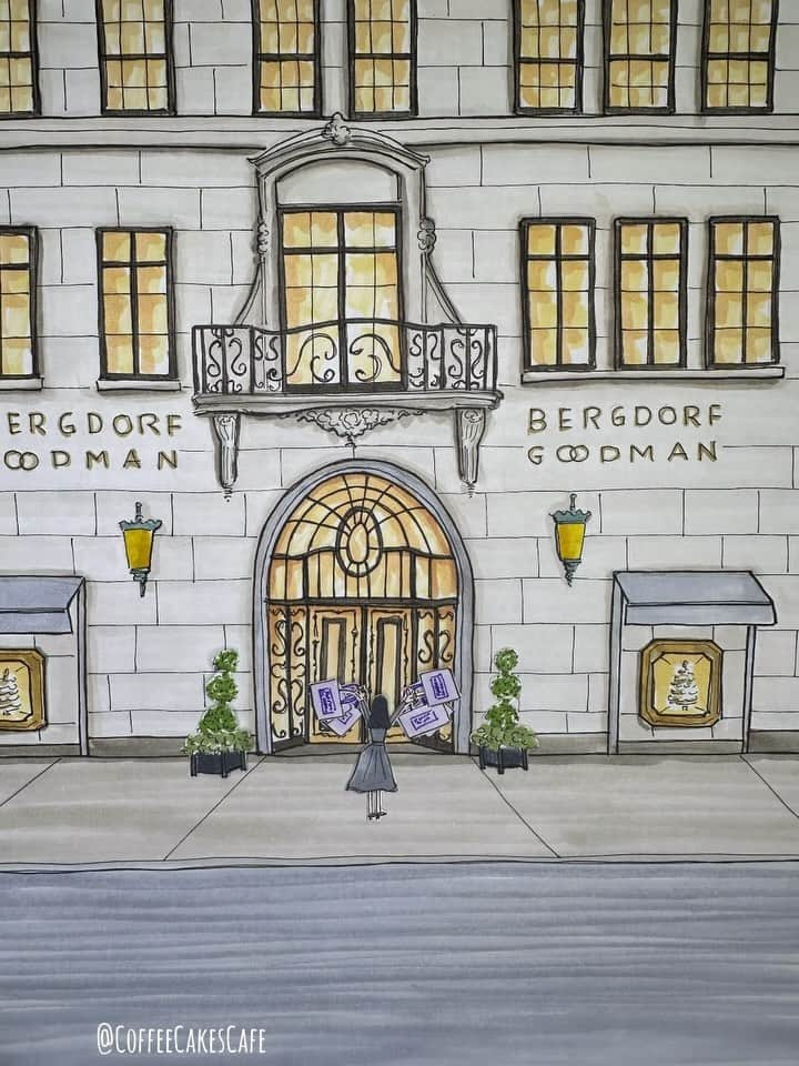 RIASIMのインスタグラム：「Hello 👋🏻 everyone! Thought I’d share a little @bergdorfs holiday shopping theme video. It’s my first time drawing the iconic store. I was trying to figure out which door to feature …went on google and google maps and chose this one. I still remember my first time here, I admit I was overwhelmed and I got lost. 😆 I didn’t know how to use the elevator…meaning which floor to go and get off. Each floor has names of designers and that’s something I’m not good at. Aside from the obvious very well known designers, I never look at labels when I buy clothes. Only to find out years later what brand I’m wearing. So getting into an elevator at Bergdorfs was and still is very challenging for me. I need a map 🗺️ 😅 This store, I admit is impressive and wow! 🤩 Everything is so so pretty! Hope you enjoyed my mini interpretation of a New York icon! She’s really beautiful in real life!!  . Btw…To this day what’s in my closet is just a sea of “black” with hints of grey, white, and navy peeking through. I prefer to not wear color, rather just blend in as background. But I love my art to be filled with colors of the rainbow!! And if you ever see my illustration of parts of myself in color…that’s my imagination 😁🖍️ . Have a lovely day everyone! 🥰☀️ . . . . . . . . . #bergdorfs #bergdorfgoodman #bergdorf #storefrontcollective #storefront #prettycitynewyork #stopmotion #made_in_ny #coffeecakescafe #nycartist #westvillagelife #westvillagenyc #christmasinnewyork #manhattan #fifthavenue」