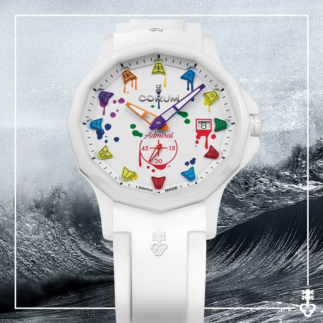 コルムさんのインスタグラム写真 - (コルムInstagram)「A canvas of creativity.  Crafted in white ceramic, the Admiral "Art" takes a bolder design approach, with its indexes and hands playfully adorned with multicoloured paint, as a testament to Corum's commitment to pushing the boundaries of traditional watchmaking.  #CorumWatches #CorumAdmiral #AdmiralCeramic」11月28日 22時00分 - corumwatches