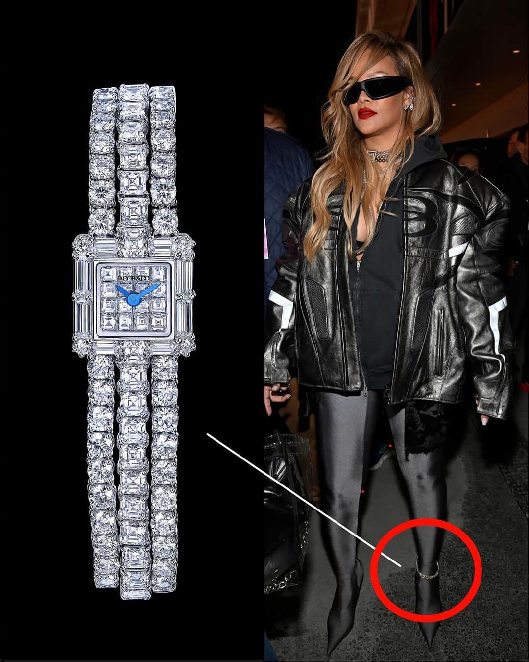 Daily Watchのインスタグラム：「For the F1 Grand Prix in Las Vegas, @badgalriri wore a $400,000 watch anklet that @jacobandco customized for her covered in emerald and round cut diamonds #Rihanna #badgalriri #riri #jacobandco」