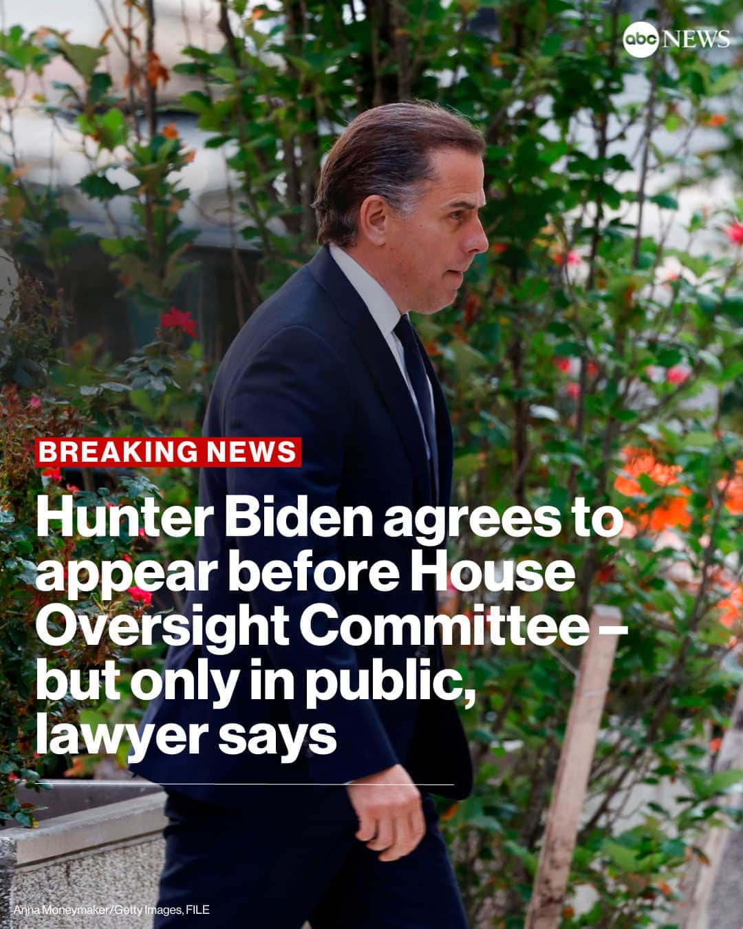 ABC Newsのインスタグラム：「BREAKING: Hunter Biden is willing to testify before the House Oversight Committee — but only in public, according to a letter his attorney wrote to Republican lawmakers Tuesday.   The committee issued a subpoena for Biden earlier this month. Read more at the link in bio.」