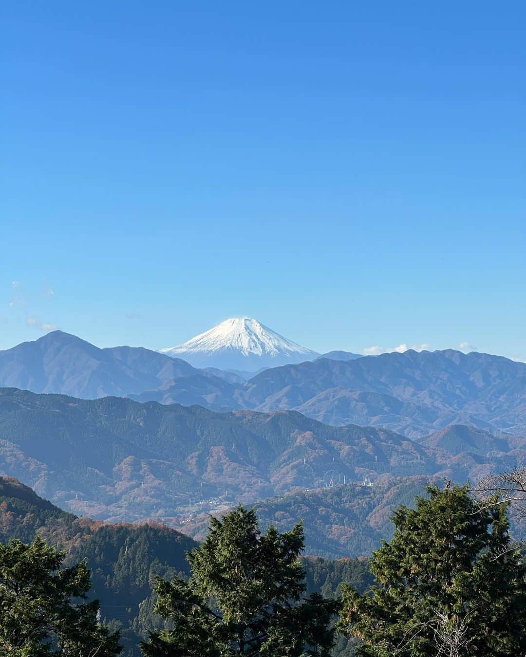 大山純のインスタグラム：「高尾山、ケーブルカー使って登るから一緒に行こう！ と言われて、それくらいなら…と、 おまけのようについて行ったら 山頂から小仏城山まで行くと言う。天候に恵まれ良い景色だった。 が、膝痛い。 あの階段をジジババ達が余裕で上り下りしてるの尊敬する。 頑張って、もう少し！！とか言われる。 悔しいのでもっと小さい山で慣れる。」