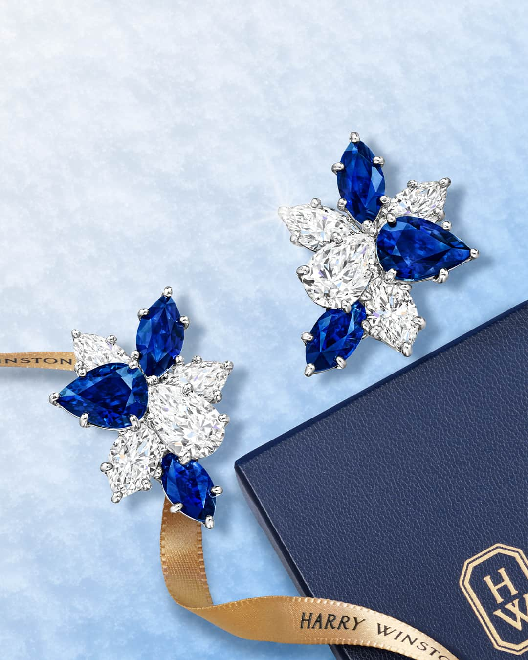 ハリー・ウィンストンのインスタグラム：「A wintry mix of radiant sapphires and sparkling diamonds evoke a snowy wonderland in these delicate earrings from the Winston Cluster Collection. Tap the link in bio to gift enchanting Winston Cluster gems this holiday season. #WinstonCluster #HarryWinston」