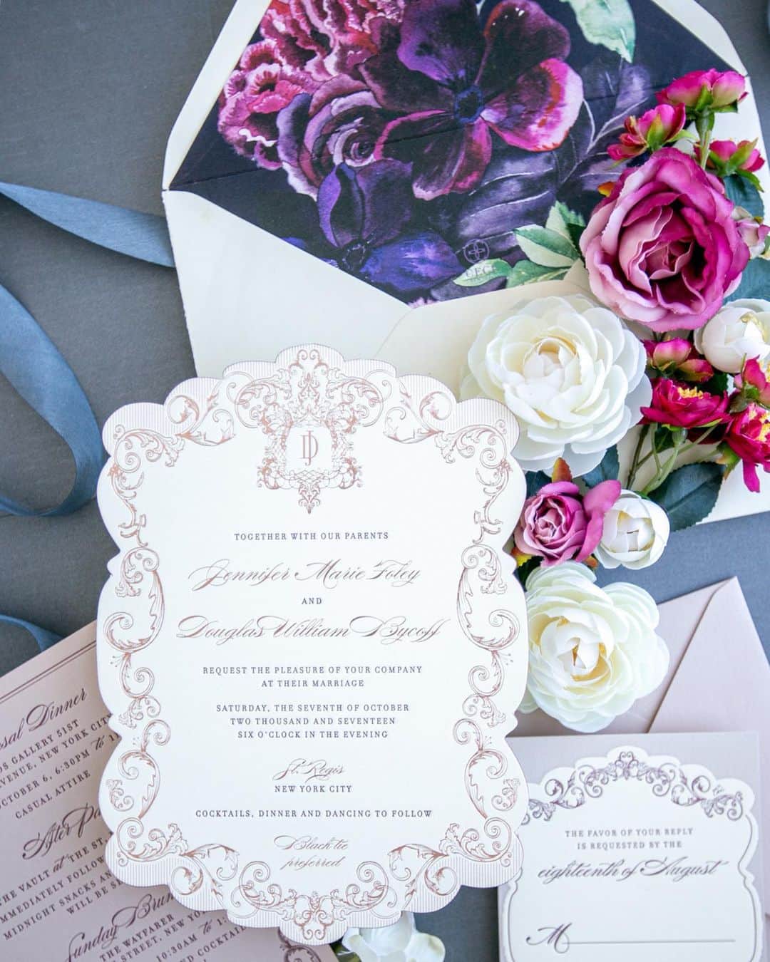 Ceci Johnsonのインスタグラム：「Echoing the purple flora at the wedding reception planned by @jesgordon, our couture invitation is crafted with hand-painted watercolors and graced with delicate copper foil details. If you’re looking for a purple-themed wedding with an invitation to match, explore the Violet Celine collection at cecinewyork.com and let your wedding dreams unfold in style.  #CeciCouture ⠀⠀⠀⠀⠀⠀⠀⠀⠀ CREATIVE PARTNERS: Stationery: @cecinewyork Planner & Event Designer: @jesgordon ⠀⠀⠀⠀⠀⠀⠀⠀⠀ #cecinewyork #ceciwedding #elegantinvitations  #floral #watercolor #luxurystationery #weddinginspiration #purpleflowers #weddingstationerydesigner」