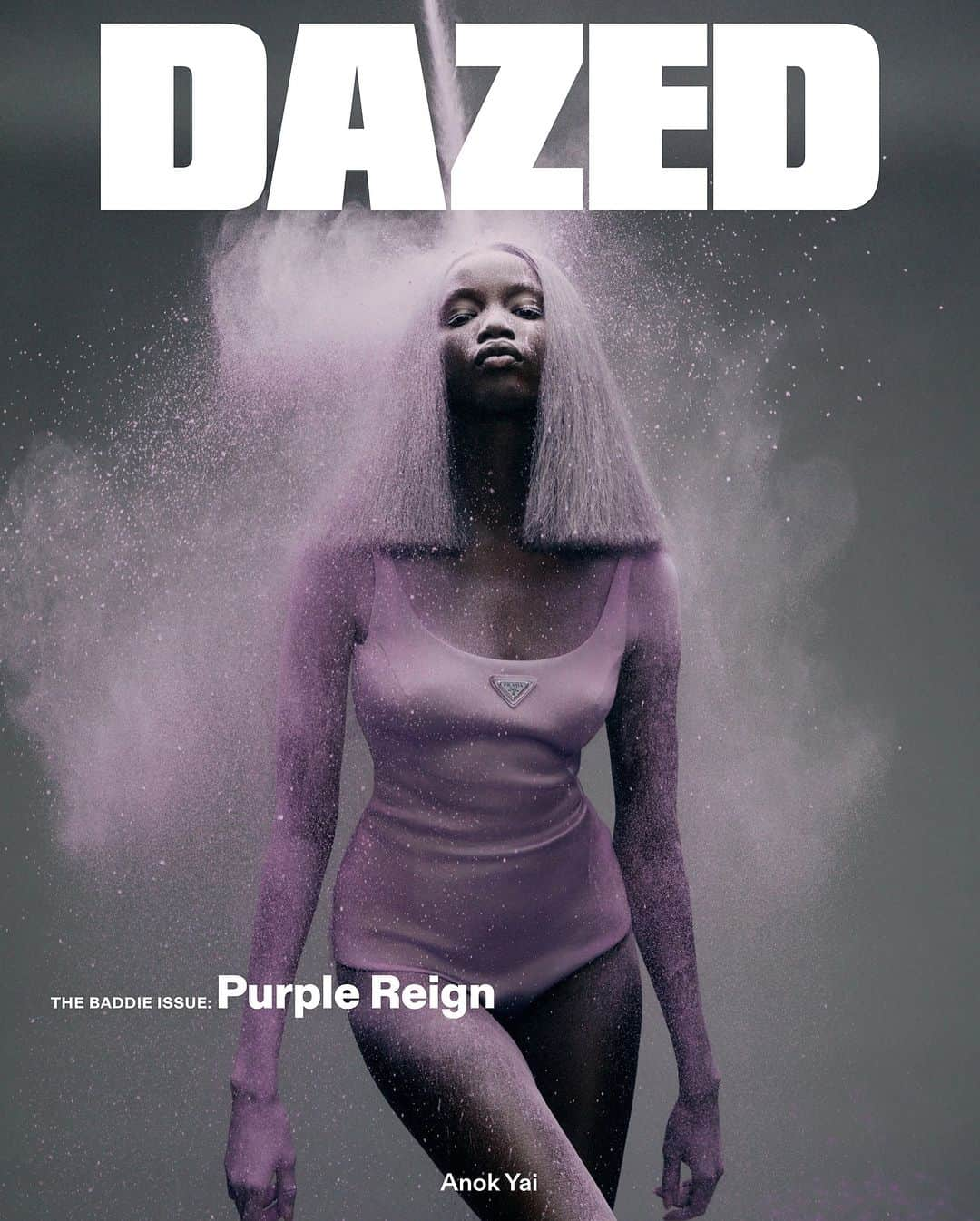 Dazed Magazineのインスタグラム：「Purple reign ☔  For the third cover of the Baddie issue, @dazed’s fashion director @imruh, photographer @carlijnjacobs and supermodel @anokyai came to play, in a story drenched in dreamy colour 💖⁠ ⁠ Tap the link in bio to explore more 🔗⁠ ⁠ Photography @carlijnjacobs⁠ Styling @imruh⁠ Hair @olivierschawalder⁠ Make-up @masae__ito⁠ Set Design @ibbynjoya⁠ Casting @11casting⁠ Production @cinqetoilesproductions⁠ ⁠ Editor-in-Chief @ibkamara⁠ Art Director @gareth_wrighton⁠ Editorial Director @kaci0n⁠ Fashion Director @imruh⁠ ⁠ #AnokYai wears bodysuit in stretch satin @prada⁠ ⁠ Taken from the winter 2023 #THEBADDIEISSUE of #Dazed」