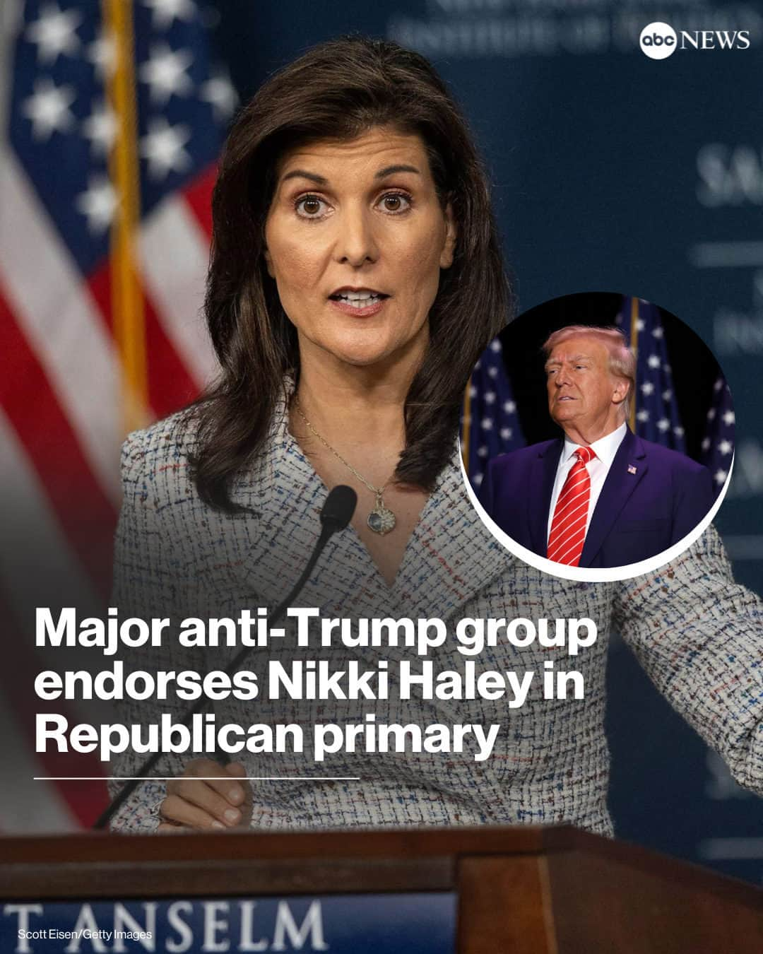 ABC Newsのインスタグラム：「Americans for Prosperity Action, an advocacy organization backed by billionaire Charles Koch and his network of wealthy conservatives, has endorsed Nikki Haley as the Republican alternative to Donald Trump ahead of the Iowa caucus that begins the 2024 primary in less than 50 days. Read more at the link in bio.」