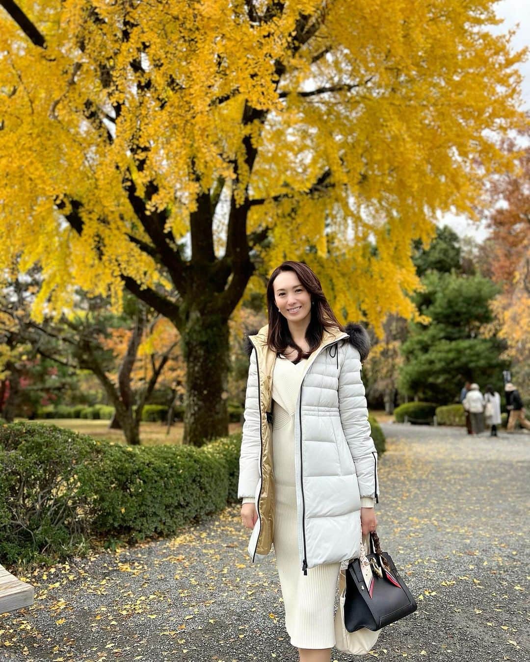 駒田奈美のインスタグラム：「・ ・ ・ 『二条城』 ・ ・ 桜の時期にも訪れた二条城 ・ ・ ・ イチョウやカエデ、紅葉…秋の彩りを楽しんできました ・ ・ 急な雨で紅葉の下で雨宿り ・ 紅葉の木の下で雨宿りなんて初めてでした ・ ・ ・ #駒田奈美#モデル#アラフィフ#美魔女#紅葉#京都#京都旅行#京都観光 #二条城#いちょう#イチョウ#雨#雨宿り」