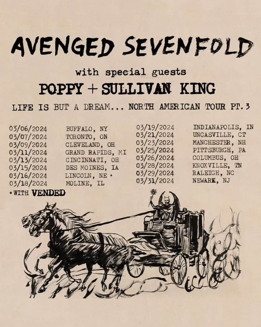 Poppyさんのインスタグラム写真 - (PoppyInstagram)「TOUR!   I’ll be joining @avengedsevenfold in March! Tickets Friday 12.1  March 6 KeyBank Center - Buffalo, NY March 7 Scotiabank Arena - Toronto, ON March 9 Rocket Mortgage Field-house - Cleveland, OH March 11 Van Angel Arena - Grand Rapids, MI  March 13  Heritage Bank Center - Cincinnati, OH  March 15 Wells Fargo Arena - DEs Moines, IA  March 16  Pinnacle Bank Arena - Lincoln, NE March 18  Vibrant Arena at The Mark - Moline, IL March 19 Gainbridge Field- Indianapolis, IN  March 21 Mohegan Sun Arena - Uncasville, CT March 23 SNHU Arena - Manchester, NH March 25 PPG Paints Arena - Pittsburgh, PA  March 26  Nationwide Arena - Columbus, OH  March 28 Thompson - Boling Arena - Knoxville, TN March 29  PNC Arena - Raleigh, NC March 31 Prudential Center - Newark, NJ」11月29日 0時22分 - impoppy