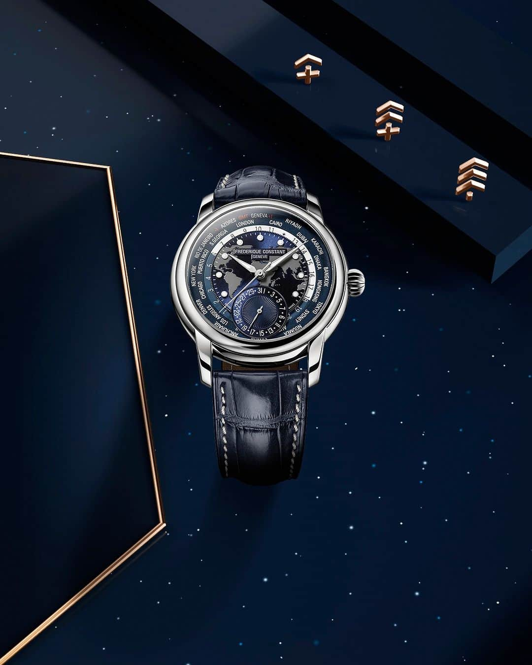 フレデリックコンスタントのインスタグラム：「Ready to travel the world? If that’s on your wish list, the Classic Worldtimer Manufacture is ready to go with you. One watch, one movement, and 24 easy-to-read time zones... board now at gate FC!  #CelebrateYourPassion #Gift #HolidaySeason #ManufactureCollection #Worldtimer」