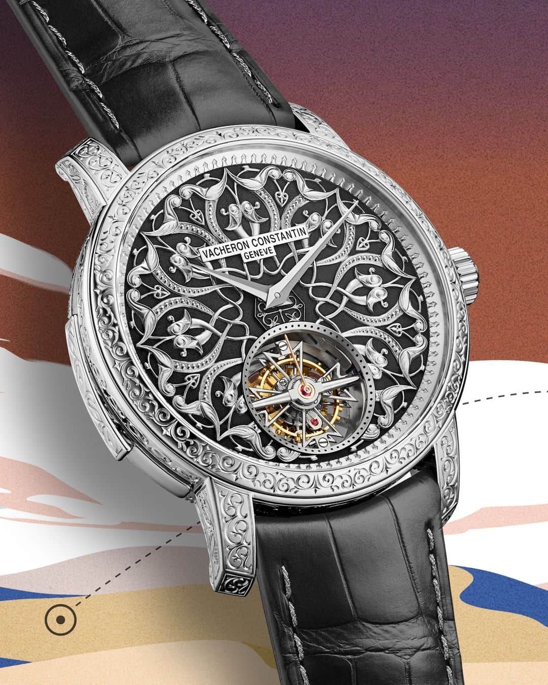 ヴァシュロン コンスタンタンのインスタグラム：「The intricacy of ornamentation ⚒️✨  The new Les Cabinotiers Minute Repeater Tourbillon – Tribute to arabesque takes this odyssey to a world of floral patterns and sandy roads.   👁️ What catches your eye in this watch?  This single-piece’s dial flaunts a delicate piece of art inspired by mashrabiyas, a distinctive part of Middle Eastern architecture. Over its black background creating a stunning contrast, an intricate engraved white gold "lattice-work cover" shimmers with grace. A rare feat of dexterity that took a month to create.  At the heart of this exceptional piece, the on-demand manual-winding 2755 movement combines the musical charm of a minute repeater with the timekeeping precision of a Maltese cross-shaped tourbillon regulator.  Join the odyssey of our Récits de Voyages at the link in bio.  #VacheronConstantin #OneOfNotMany #vacheron #thehourlounge #watches #watch #watchesofinstagram #horology #watchoftheday #instawatch」