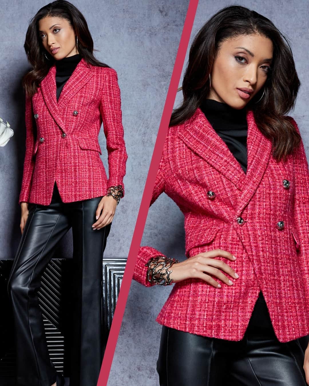 エリータハリのインスタグラム：「Remix and remaster your wardrobe with our Tweed Double Breasted Blazer. Done in playful electric pink tweed with standout Italian silver knot buttons... it's the perfect holiday gift!💕   Exclusively available to shop at elietahari.com & Elie Tahari Collection Stores.」