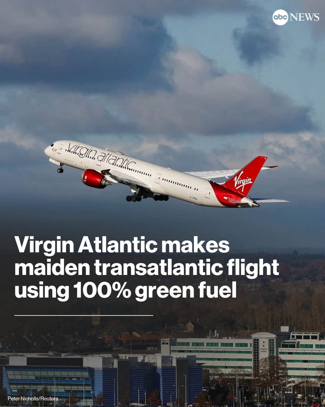 ABC Newsのインスタグラム：「Virgin Atlantic just became the first airline to power a transatlantic flight using 100% sustainable aviation fuel.  The Boeing 787 passenger jet — dubbed Flight 100 — left London's Heathrow Airport Tuesday morning bound for John F. Kennedy International Airport in New York City, with Virgin Atlantic billionaire founder Richard Branson, Virgin Atlantic Chief Executive Shai Weiss, and U.K. Secretary of State for Transport Mark Harper on board, Reuters reported.  The flight marks the first time a commercial long-haul flight was powered using only sustainable aviation fuel. Read more at the link in bio.」