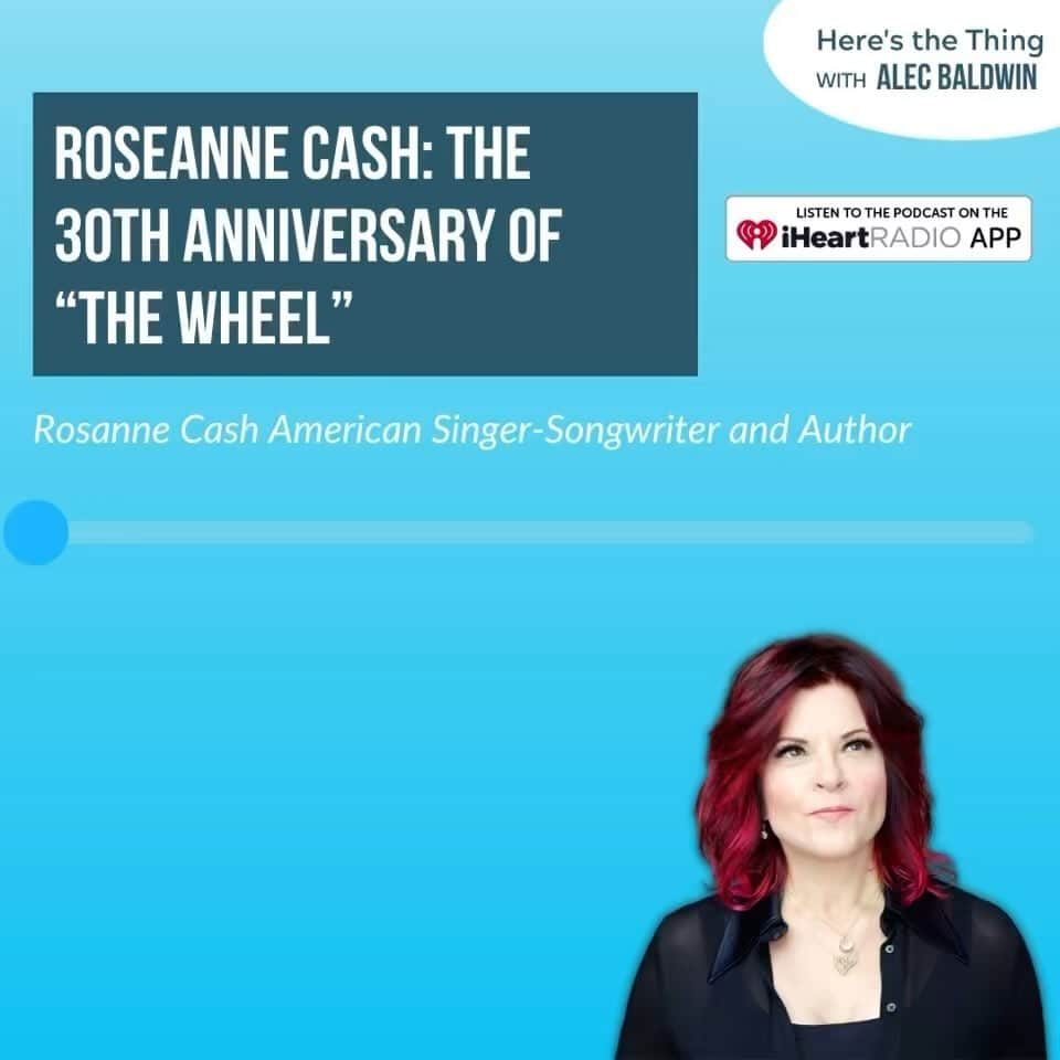 アレック・ボールドウィンのインスタグラム：「This week on Here’s The Thing, singer-songwriter @RoseanneCash celebrates the 30th Anniversary of her landmark album “The Wheel” with the release of a remastered version on her new label, RumbleStrip Records.   The daughter of legend Johnny Cash, Roseanne Cash began her career singing backup for her father, but soon made her own indelible mark on the music world, with 11 number-one country songs, two gold records and four Grammys.   In this episode, we discuss her starting out as a young woman in the industry in the 70s, how she reclaimed her family’s story through writing and how to remain faithful to herself in her work.  Listen now at the link in my bio.」