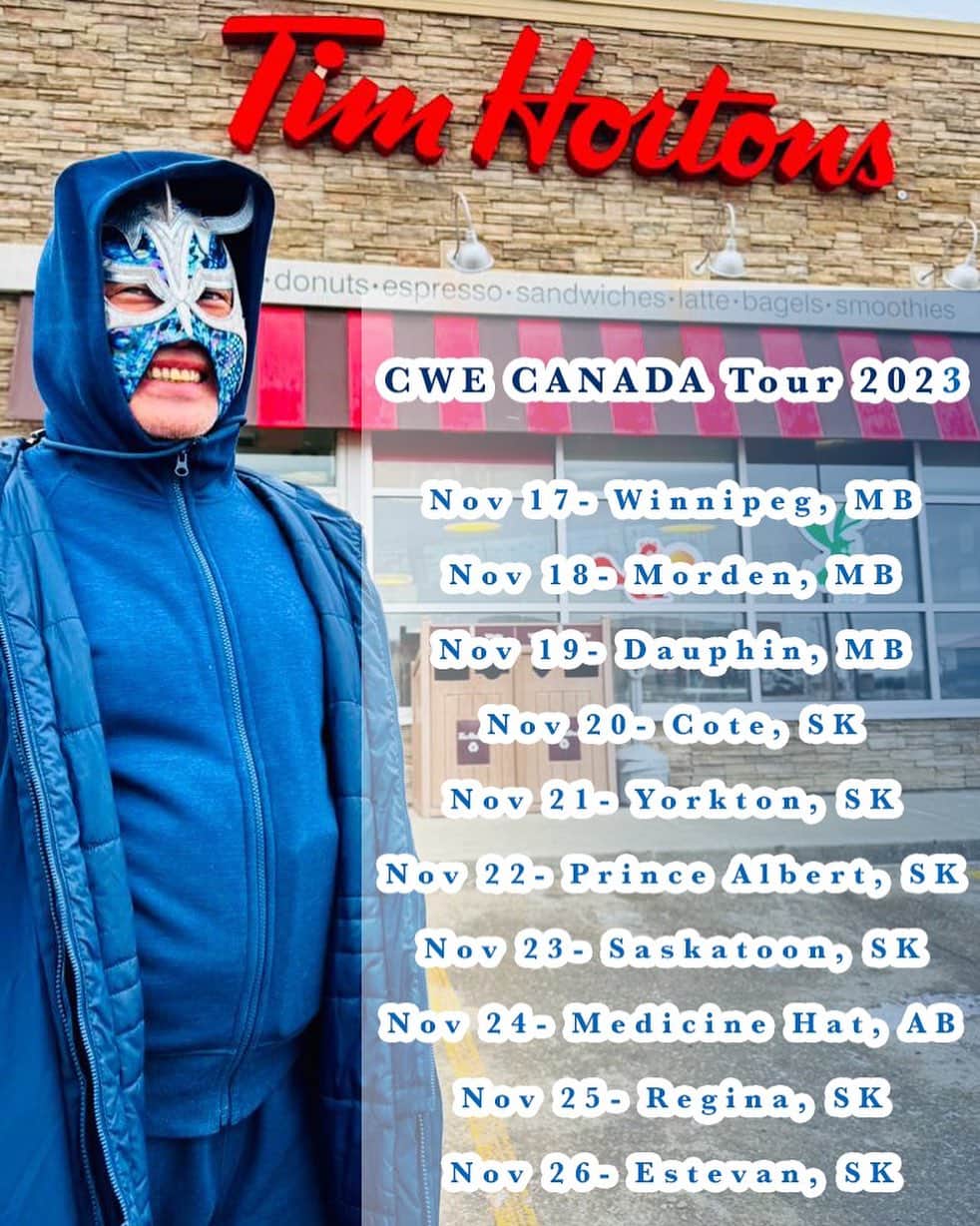 ウルティモ・ドラゴンのインスタグラム：「Total distance traveled in 11 days 5,000km Thank you Canada , Thank you CWE  @cwe.canada  @dragongate_pro  @toru.kido  @ud_tiendaoficial  @timhortons  #ドーナツ美味かった！ #10連戦楽しかったよ #でも寒かった笑」
