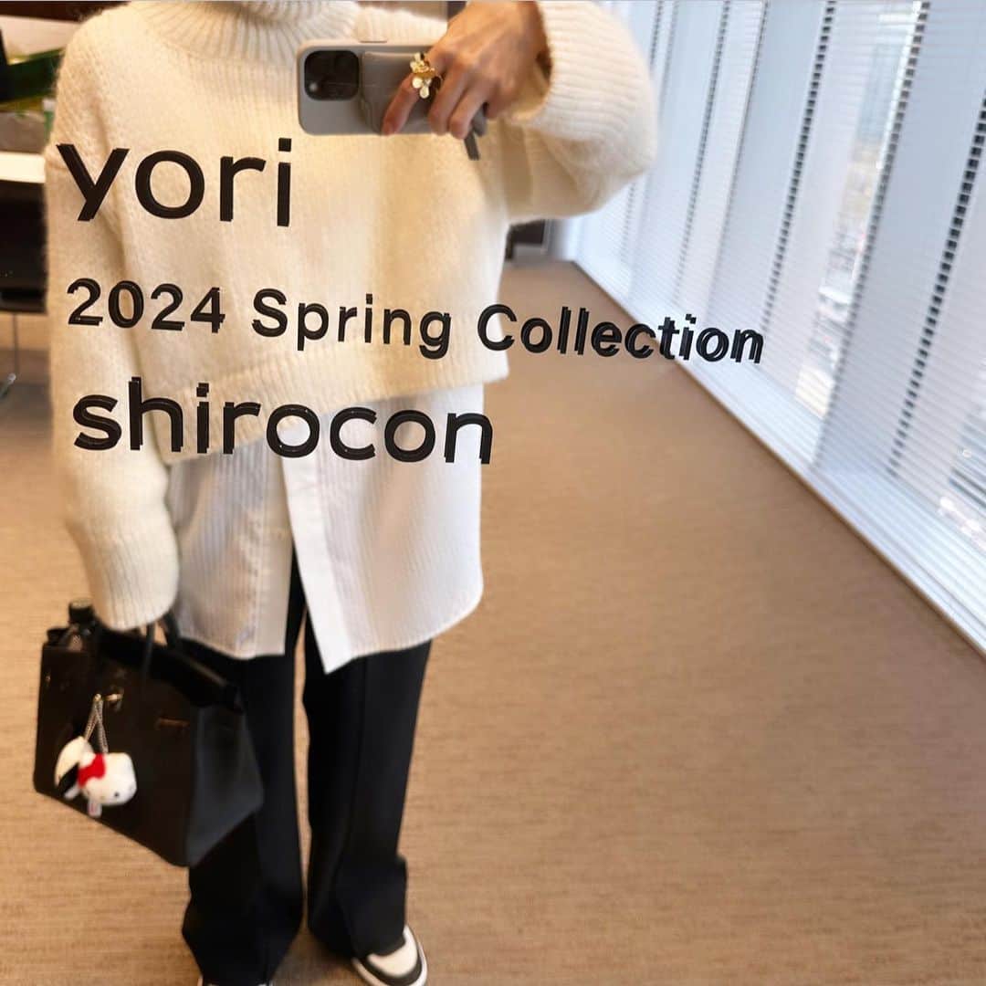 外村久美子のインスタグラム：「・ Nagoya 1day🚄  タキシードリボンブラウスにモヘヤ♡ 昨日はこれじゃ暑いくらいでした🧶 #cordinate  #shirocon #yori_japan」