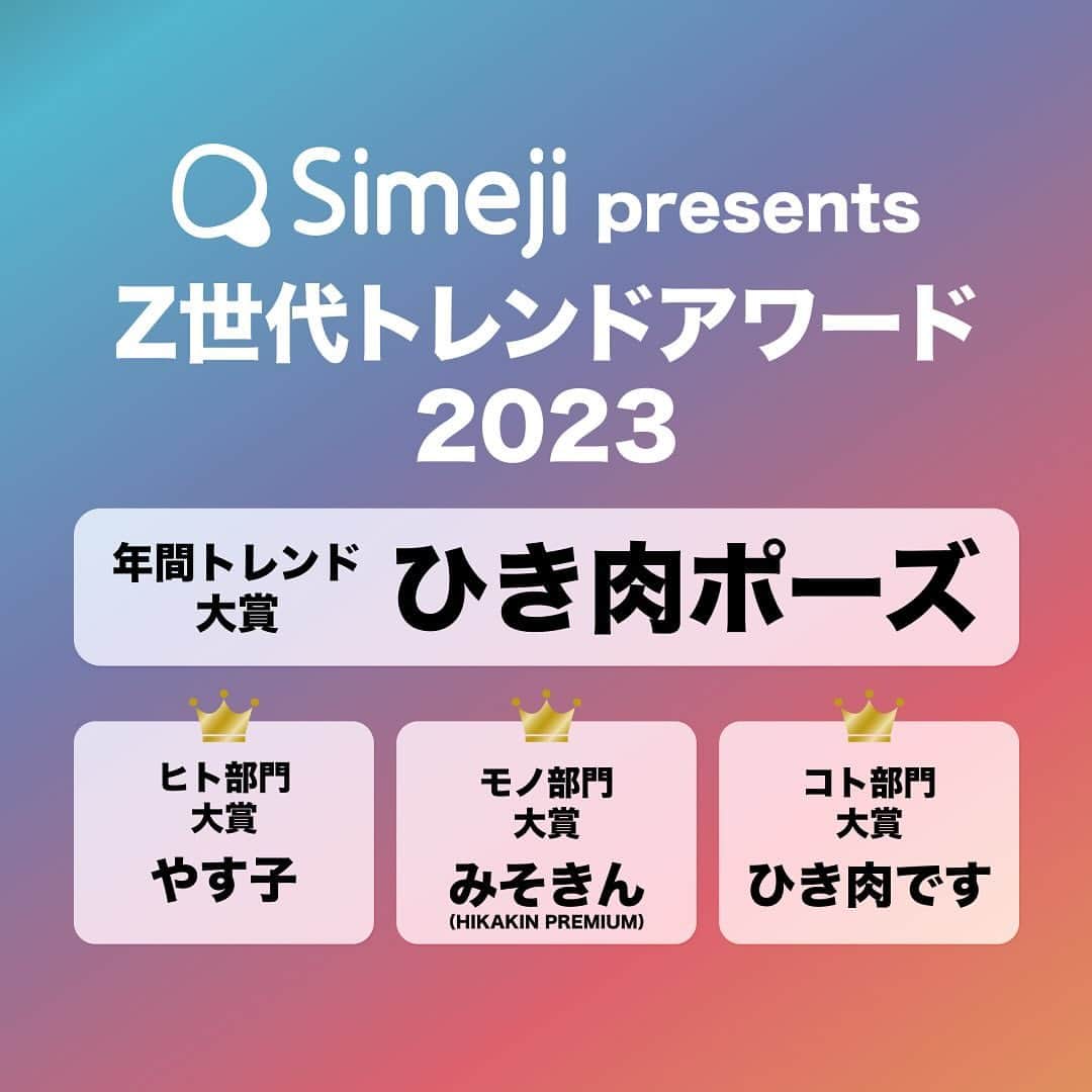 Simejiのインスタグラム：「 ︎︎ \ 結果発表 /  中学生YouTuberがトレンドを総なめ👀!? 独特な動きが癖になる「 #ひき肉ポーズ 」が 年間 #トレンド大賞 に🎉  6,409名のZ世代が選んだトレンドランキングを 「ヒト・モノ・コト」の3部門に分けて紹介⊂( ᴖ ̫ᴖ)⊃ 2枚目からは私たちに身近なトレンドを𝙋𝙄𝘾𝙆 𝙐𝙋  #Simeji #Z世代トレンドアワード」
