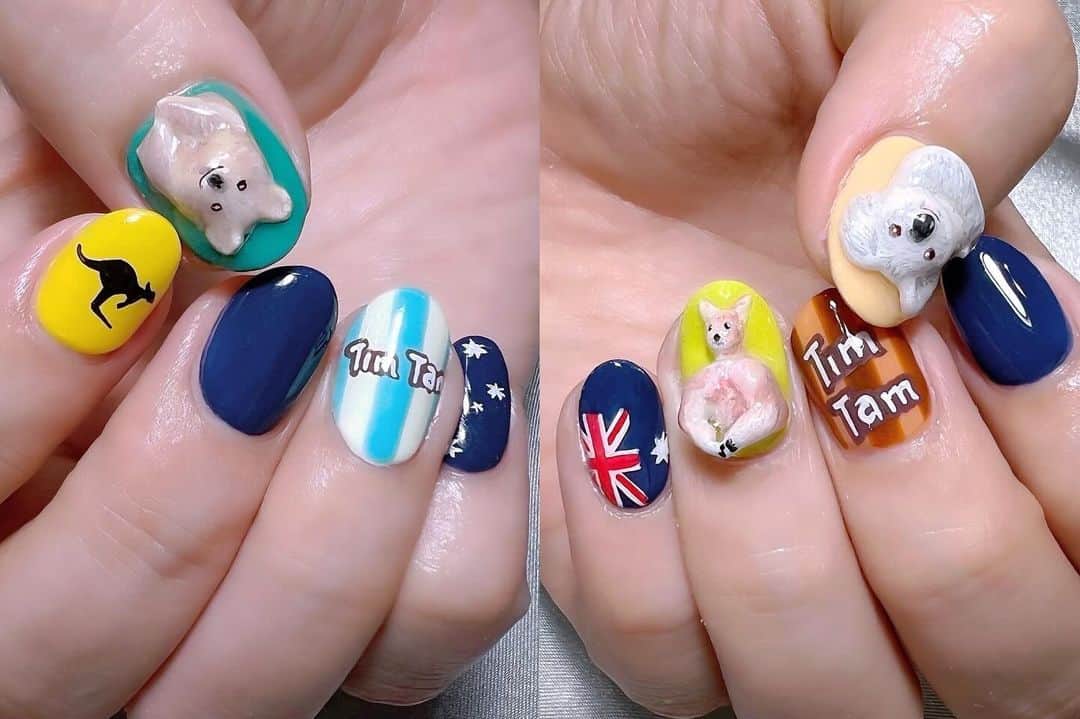 なかやまちえこのインスタグラム：「𝓐𝓾𝓼𝓽𝓻𝓪𝓵𝓲𝓪.⠀ ⠀ @reiandbob さん⠀ @reimatsuzaki_mama ⠀ クォッカ、コアラ、むきむきカンガルーのオーダーです♡⠀ ⠀ @aby_sharenail #nail #nails #nailart #ネイル #美甲 #ネイルアート  #japanesenailart #manucure #japanesenails #manicurist #gelnails #أظافر #네일아트 #미용  #เพ้นท์เล็บ #artedeuñas #เพ้นท์เล็บเจล #ジェルネイルデザイン #ネイルデザイン #nagelkunst #australia」