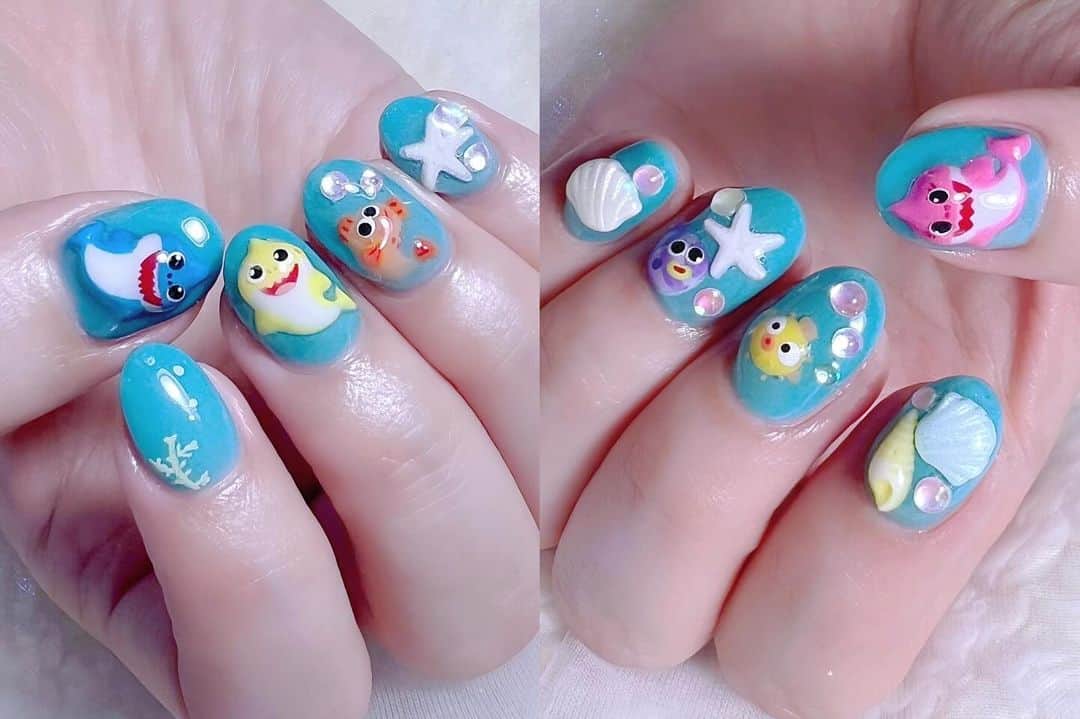 なかやまちえこのインスタグラム：「🇧ᵃᵇʸ ˢʰᵃʳᵏ🦈⠀ ⠀ @reiandbob さん⠀ @reimatsuzaki_mama ⠀ ⠀ @aby_sharenail #nail #nails #nailart #ネイル #美甲 #ネイルアート  #japanesenailart #manucure #japanesenails #manicurist #gelnails #أظافر #네일아트 #미용  #เพ้นท์เล็บ #artedeuñas #เพ้นท์เล็บเจล #ジェルネイルデザイン #ネイルデザイン #nagelkunst #ベイビーシャーク #babyshark」