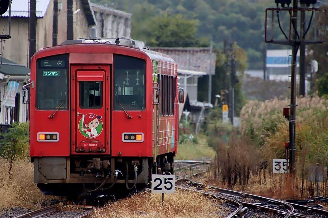 徳永ゆうきのインスタグラム：「. . 備後庄原を後にする カープ列車！ . -2023.10.21- . #鉄道写真 #撮り鉄 #鉄道好き #JR西日本 #芸備線 #備後庄原駅 #キハ120系 #気動車 #普通 #ワンマン #三次行き #広島カープ #ラッピング車 #後追い #ケツ撃ち」