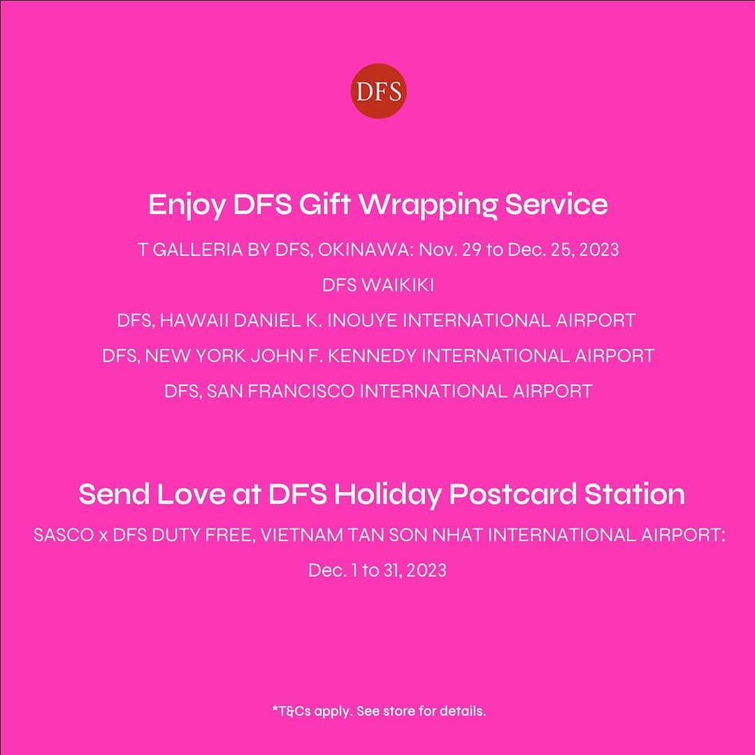 DFS & T Galleriaさんのインスタグラム写真 - (DFS & T GalleriaInstagram)「When holiday season comes, there's never a dull moment at DFS! Explore festive happenings around the globe:​  🎁 Catch Santa and enjoy gift wrapping services at selected DFS North America and Okinawa stores ​ 🎁 Join our Holiday Lucky Draw to win exciting gifts at DFS Vietnam locations. Plus, send love abroad at the SASCO x DFS duty-free Postcard Station​  Visit in-store or check out DFS.com for more.​  *T&Cs apply. See store for details.  #DFSOfficial #UnboxTheHolidays #HolidaySeason ​ #DFSOkinawa #DFSNorthAmerica #DFSHawaii #DFSWaikiki #DFSVietnam #Celebrations #HolidayEvents #HappyHolidays #Christmas #Okinawa #NewYork #LosAngeles #Waikiki #Vietnam」11月29日 15時30分 - dfsofficial