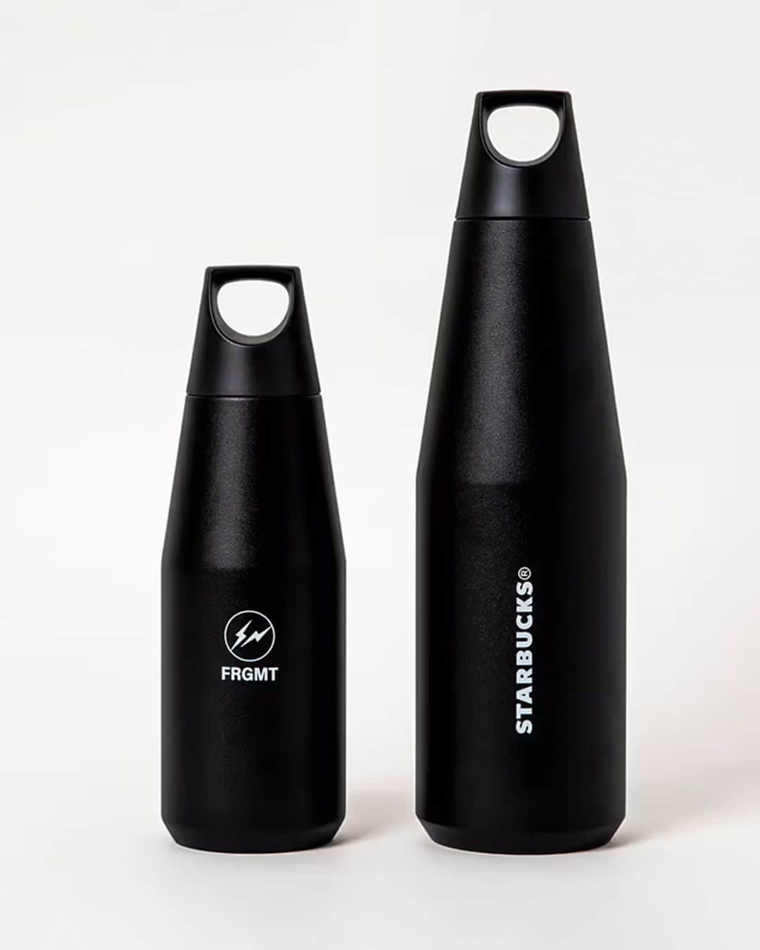 HYPEBEASTのインスタグラム：「Sip your coffee in style with fragment design and @starbucks_j's upcoming bottle capsule.⁠ ⁠ The hand-dried stainless steel bottle showcases the distinctive logos of both companies on the front and back of the @kintoeurope product, giving it an edgy design typical of @fujiwarahiroshi's label. The drinkware will be offered in two colorways, matte black and beige, and available in 580ml and 1080ml sizes, both of which have a larger capacity than Starbucks' Venti option.⁠ ⁠ The offering is set to launch on December 6 through Starbucks Japan's online store.⁠ Photo: Starbucks」