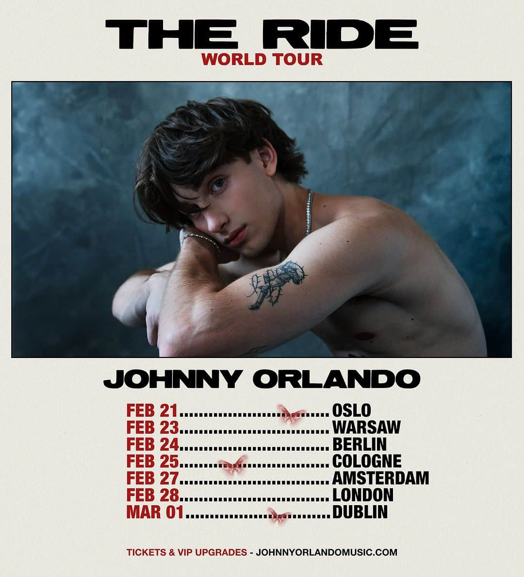 ジョニー・オーランドのインスタグラム：「I’m not ready for tour to end, so I’m bringing The Ride to Europe in 2024. Tickets on sale Friday at 10am local 🦋」