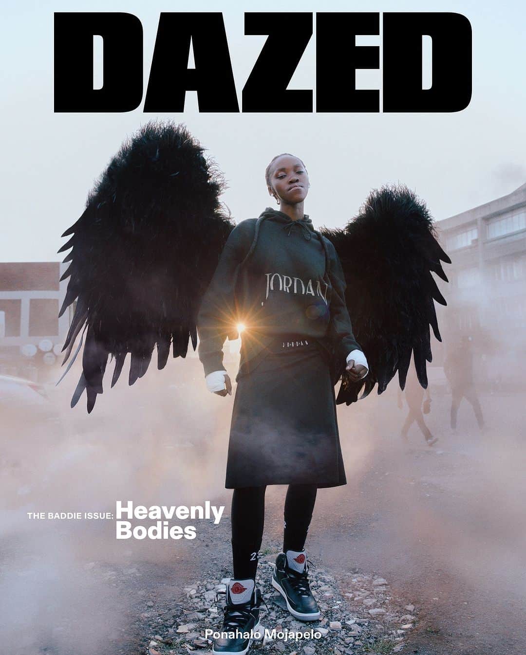 Dazed Magazineのインスタグラム：「Heavenly baddies 👼 Photographer @kristinleemoolman and stylist @zaraeloise get weightless for the fourth cover of the Baddie issue, transporting us into their ethereal dimension 💫⁠ ⁠ Tap the link in bio to explore more of the cover story 🔗⁠ ⁠ Photography @kristinleemoolman⁠ Styling @zaraeloise⁠ Hair @urban_mimz, @zwannepoel⁠ Make-up @johanni_creative⁠ Production @lampostproduction⁠ Casting @lampostcreative⁠ Featuring @ponahalo, @denetric_malope, @lebuhang_ndlovu, @domz.evans, @lebohomme, @tamaramoeng, your_average_weasley, @cameron.drotsky, and Macs Mcdougall⁠ ⁠ Editor-in-Chief @ibkamara⁠ Art Director @gareth_wrighton⁠ Editorial Director @kaci0n⁠ Fashion Director @imruh⁠ ⁠ Ponahola wears all clothes, socks and leather trainers @jumpman23, custom-made faux feathers and foam wings stylist’s own. ⁠ ⁠ Taken from the winter 2023 #THEBADDIEISSUE of #Dazed」