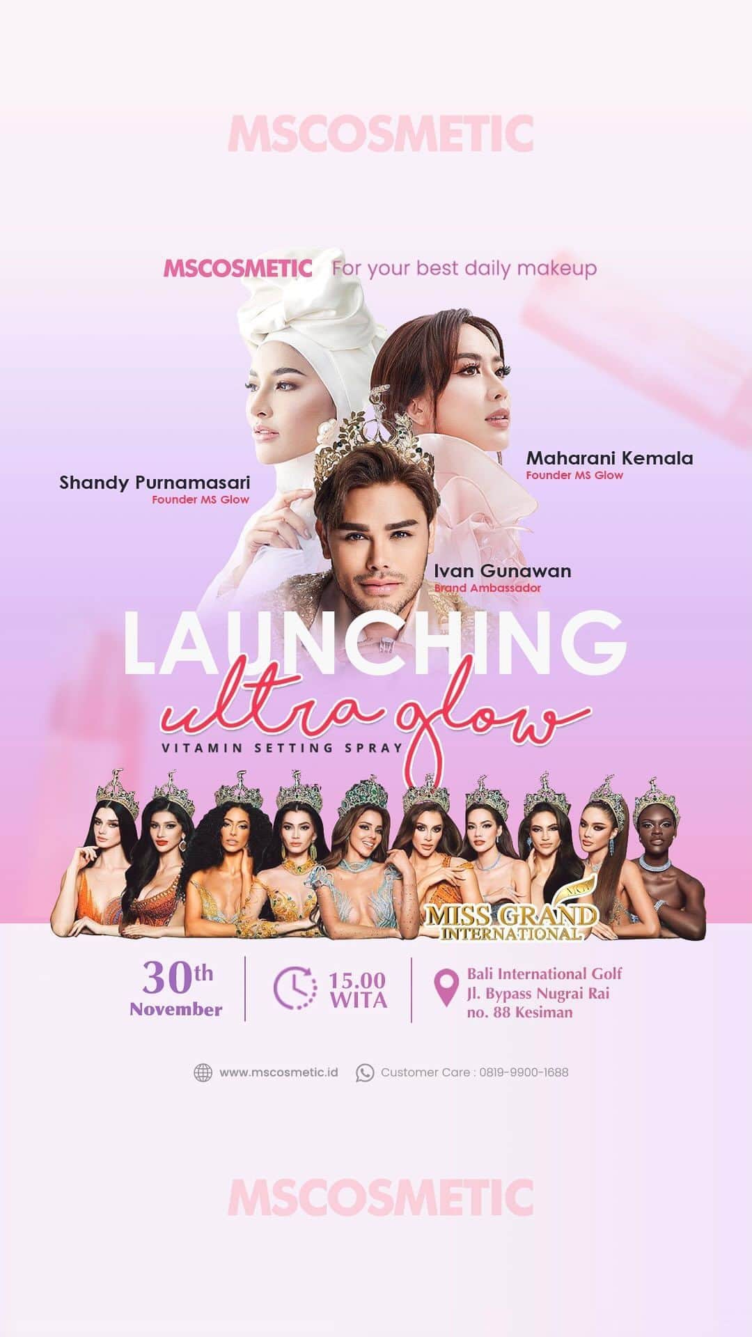 Ivan Gunawanのインスタグラム：「Hai Beauties  Siapa neh yang sudah tidak sabar menanti hadirnya ULTRA GLOW VITAMIN SETTING SPRAY, Produk Terbaru dari MSCOSMETIC ??????🤩😍☝🏻☝🏻😚   Nahhh ini dia saatnya… Beauties semua dapat menyaksikan acara LAUNCHING ULTRA GLOW VITAMIN SETTING SPRAY bersama @maharanikemala @shandypurnamasari @ivan_gunawan & @missgrandinternational secara LIVE di INSTAGRAM @mscosmeticoffical @msglowbeauty  Hari / Tanggal : Kamis, 30 November 2023 Pukul : 14.00 Wib ( 15.00 Wita ) sd selesai   Jangan lupa ajak semua teman untuk nonton live bareng dan menjadi bagian dari  hadirnya produk Vitamin Setting Spray Fenomenal di akhir tahun 2023 🥰💃🏼🤩  #ultraglowsettingspray  #NoMoreInsecure #UltraGlow #SettingSpray #MsCosmetic #YourBestDailyMakeUp #msglow #msglowbeauty」