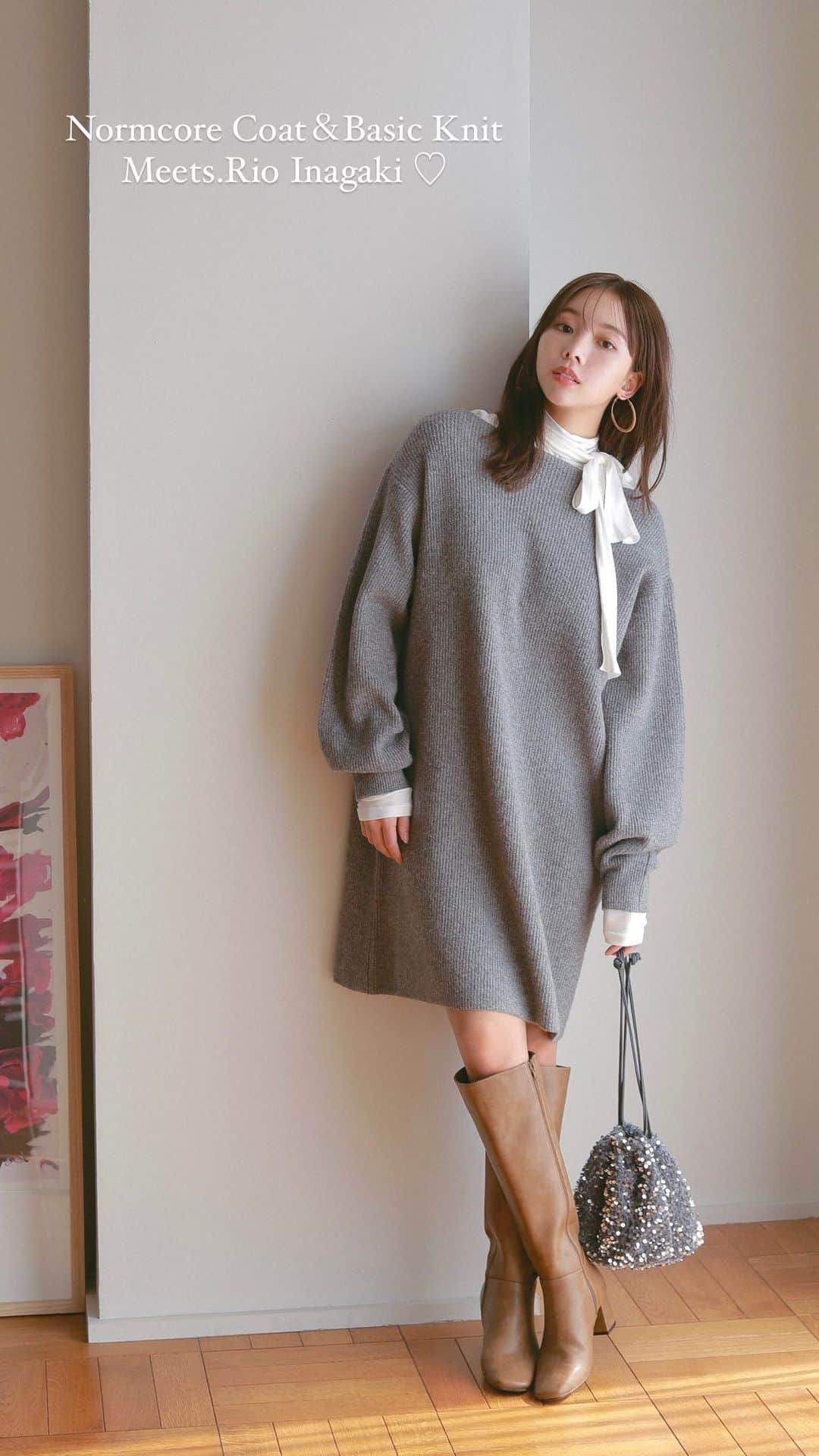 N.のインスタグラム：「Normcore Coat＆Basic Knit Meets.Rio Inagaki ♡  ウィンターシーズンに欠かせない本命アイテム、 コート＆ニットにフィーチャー。 どこか大人の余裕を感じさせるベーシックかつスタイリッシュなコート、 シルエットやカラーで今年らしさを盛り込んだニット……どちらも、デイリーコーデの鮮度を高めてくれること請け合い。  どのコーディネートがお好きですか？♡  気になるアイテムは🏷をチェック☑︎  —————— #稲垣莉生　さん #エヌナチュラルビューティーベーシック #コート#ラメニット#オールホワイト#レーススカート#チェスターコート#冬アイテム #ロングコート#グレー#スタンドカラーコート#新作入荷#通勤アイテム#11月新作 #新作アイテム#ニットワンピース#バイカラー#カラーニット #冬コーデ #nnaturalbeautybasic」