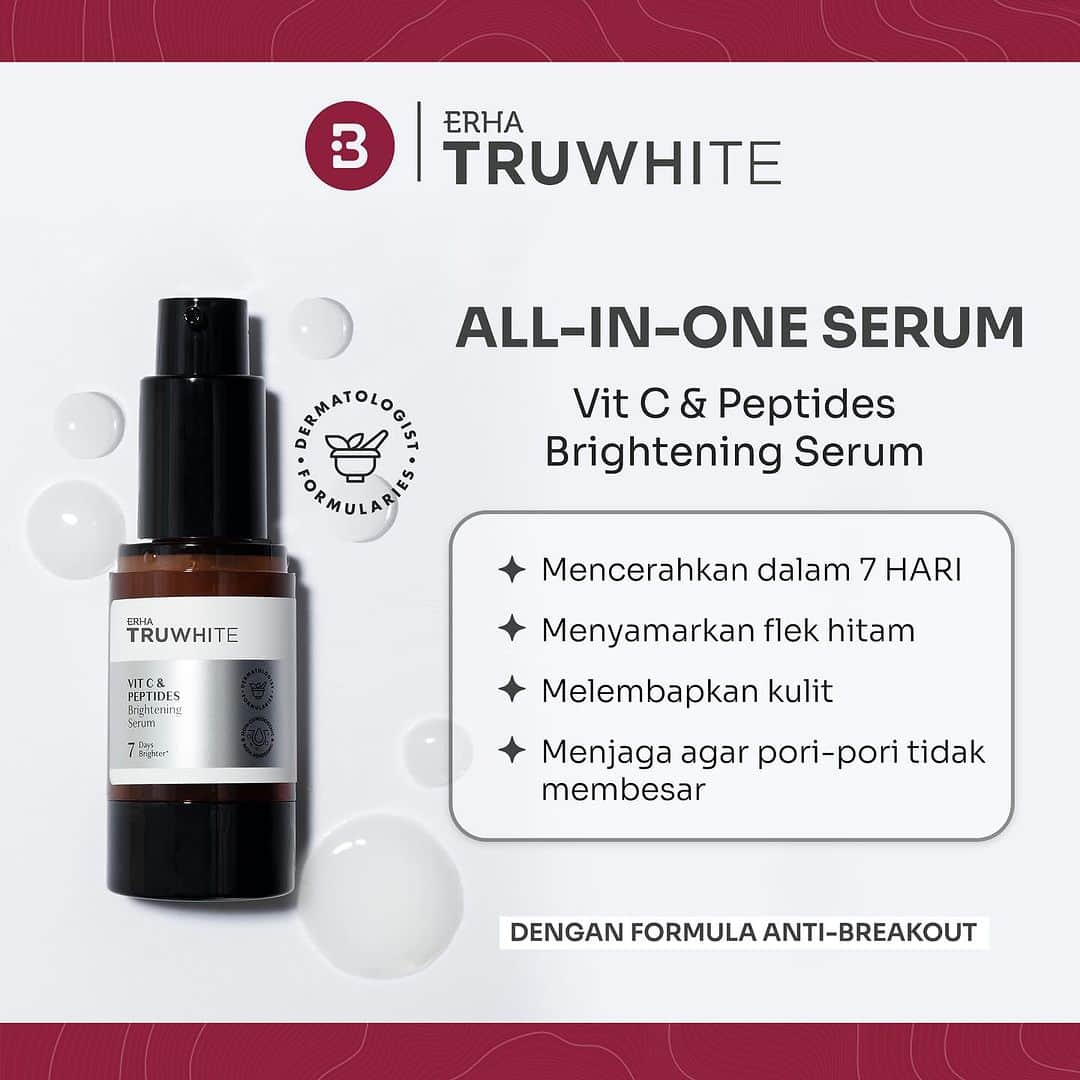 Beauty | Health | Fashionのインスタグラム：「Emang ada 1 serum yang multifungsi? Ada dong 😎 Ini dia Erha Truwhite Vitamin C & Peptides Brightening Serum!  Gak cuma bisa bikin kulit gak kusam lagi, tapi juga bisa menyamarkan flek hitam & menjaga agar pori-pori tidak membesar.  Dan yang paling penting, serum ini bisa digunakan untuk kamu yang punya kulit acne-prone juga, lho! Sudah diuji klinis oleh dermatologis, jadi beneran bisa diandalkan! 👩‍⚕️💯  Jadi, yuk beauties cobain juga! Mulai dari sekarang, biar kulit cerah itu beneran jadi your thing! ✨💖 #ErhaTruwhite」