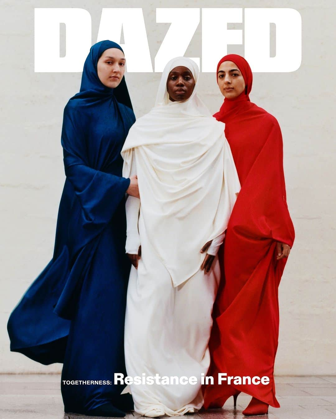 Dazed Magazineのインスタグラム：「In our hands ✊ In France, where the secular state is a source of historical pride, Muslim women are being shut out from society by politicians who pander shamelessly to the far-right. Now, schoolgirls and sportswomen alike are taking the fight for bodily autonomy into their own hands.⁠ ⁠ Tap the link in bio to explore more 🔗⁠ ⁠ Featuring Founé Diawara, Hawa Doucouré, and Yousra of @leshijabeuses, Salimata Sylla @sali_7, Loubna Reguig loubnarchives, Ania Khelaf @ania.tayri, Sarah B @saraahh.bni, Hiba Latreche @hibalat⁠ ⁠ Photography @gunsahma⁠ Styling @omaimasss⁠ Hair @oummy_youssoufa⁠ Make-up @minkimmakeup⁠ Production @wagmbh⁠ Post Production @_thehandofgod⁠ ⁠ Text @tiara.sahar⁠ ⁠ Editor-in-Chief @ibkamara⁠ Art Director @gareth_wrighton⁠ Editorial Director @kaci0n⁠ Fashion Director @imruh⁠ ⁠ From left: Loubna wears custom-made dress and veil worn as hijab stylist’s own, polyester shoes @courreges. Salimata wears custom-made dress and veil worn as hijab stylist’s own, hooded bodysuit worn underneath @​​anna_october_, patent leather boots @schiaparelli. Hiba wears all clothes and shoes stylist’s own.⁠ ⁠ Taken from the winter 2023 #THEBADDIEISSUE of #Dazed」