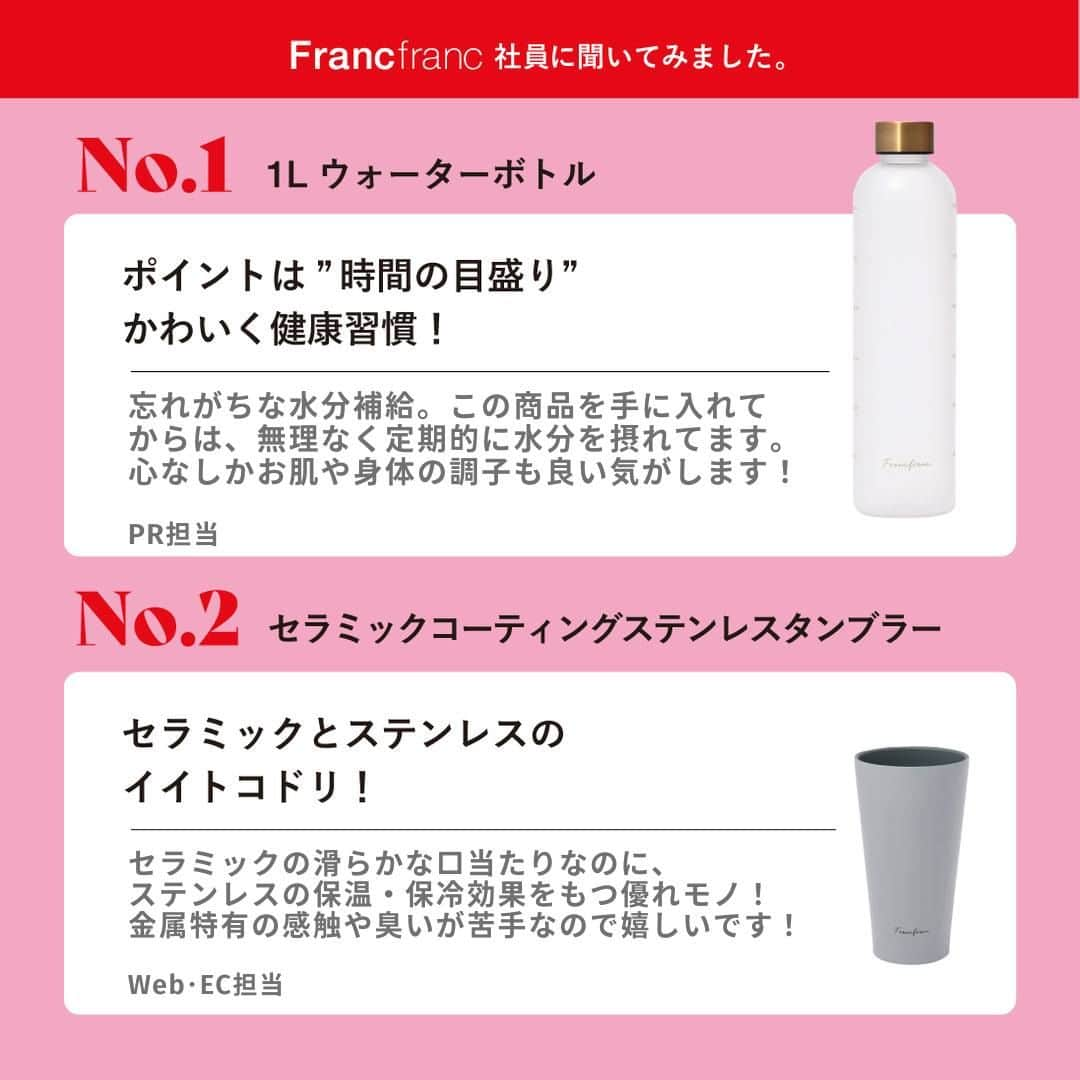 Francfrancさんのインスタグラム写真 - (FrancfrancInstagram)「＼Francfrancの社員に聞いた！💁‍♀️／ 『買ってよかったリアルバイランキング』を発表‼  いつも頑張っている自分をちょっぴり甘やかしたい💓  そんな“自分へのご褒美”にもぴったりな、 Francfranc社員が実際に買っている 実力派アイテムを一挙大公開🎉🎉  各カテゴリーのTOP1・2を社員のコメントとともにご紹介しちゃいます💁‍♀️🙋‍♂️  Francfrancの社員だからこそ知っている 各アイテムのこだわりポイントや魅力は必見です！✨  みなさんが気になっていたアイテム、 「これ良かった！🎉」というアイテムはランクインしていましたか👀？？ 是非コメント欄で教えてください☺️！  ┈┈┈┈┈┈┈┈┈┈┈┈┈┈┈┈┈┈┈┈┈┈┈┈ ＼買ってよかったリアルバイランキング🛍／  🍽️キッチンアイテム部門 ・1L ウォーターボトル　¥1,500（税込） ・セラミックコーティング ステンレスタンブラー 　¥1,400（税込）  💄ポーチ部門 ・ファー/ボア ポーチXS　¥2,200（税込） ・ツイード スタンドポーチ　¥2,900（税込）  🛌インテリアファブリック部門 ・ゴーディス スロー　¥3,400（税込）～ ・ファー クッションカバー　¥2,000（税込）～  💡家電部門 ・繰り返し使えるカイロ　¥3,000（税込）～ ・ルナ 超音波式加湿器　¥5,280（税込）  🌿フレグランス部門 ・ルフティー フレグランスジェル　¥990（税込） ・アルボル ルームフレグランス　¥2,900（税込）  👗ルームウェア部門 ・ウォームフリース 4WAY ポンチョ　¥2,900（税込） ・ウォームフリース ソックス　¥1,600（税込） ┈┈┈┈┈┈┈┈┈┈┈┈┈┈┈┈┈┈┈┈┈┈┈┈  #francfranc #フランフラン #francfrancのある生活 #雑貨 #買ってよかった #買ってよかったもの #便利グッズ #ポーチ #ボトル #防寒対策 #カイロ #インテリア」11月29日 21時00分 - francfranc_official